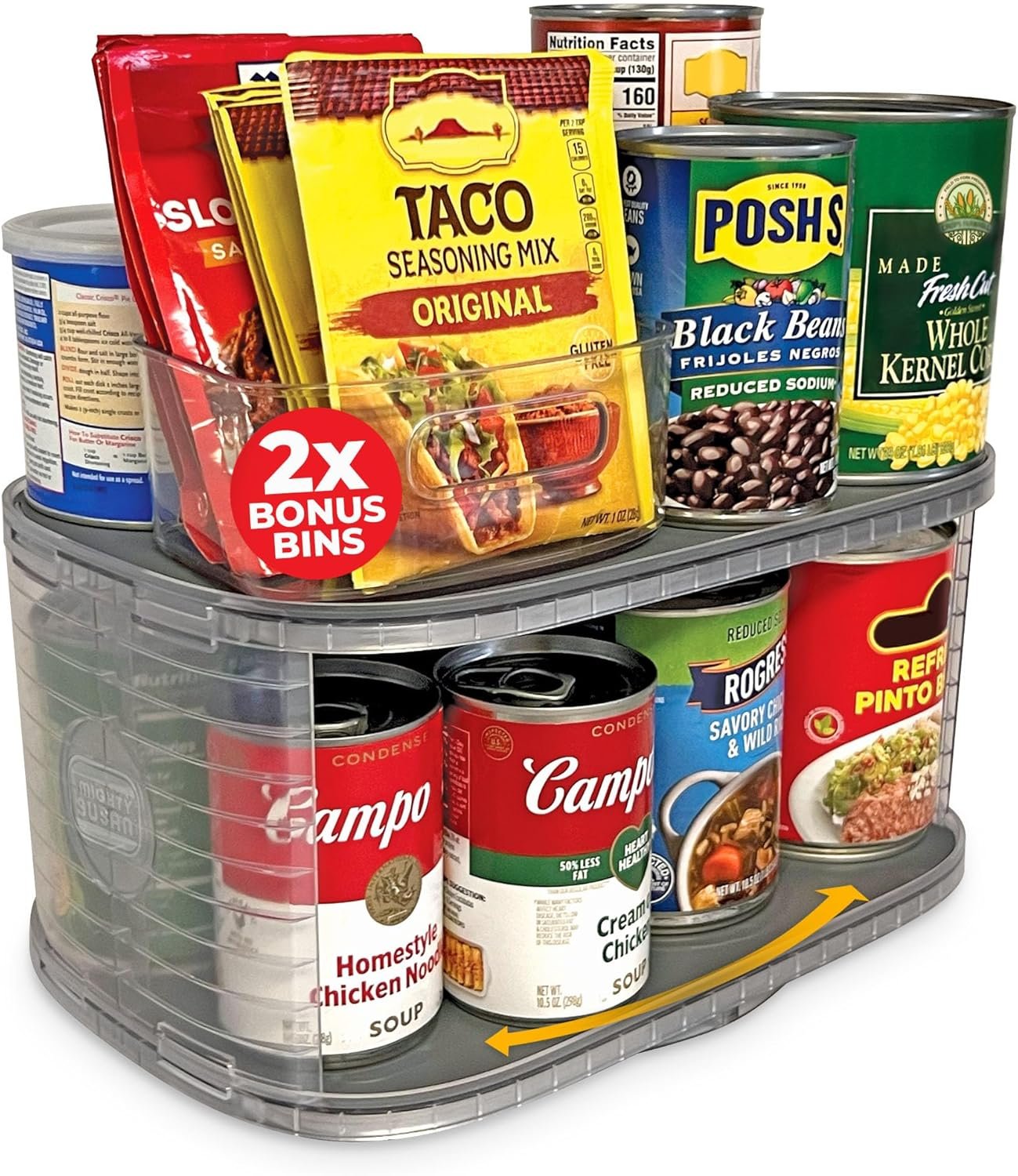 2-Tier Lazy Susan Pantry Organizer – Steel Reinforced Turntable for Kitchen Cabinets & Pantry Storage – Heavy-Duty Can Organizer Holds Up to 30 lbs – Rotates 360° – Includes 2 Bonus Bins | Two Rotating Steel-Reinforced Shelves, Holds 30 lbs, 360-Degree Rotation, 2 Bonus Clear Bins, BPA-Free, Patented USA Design
