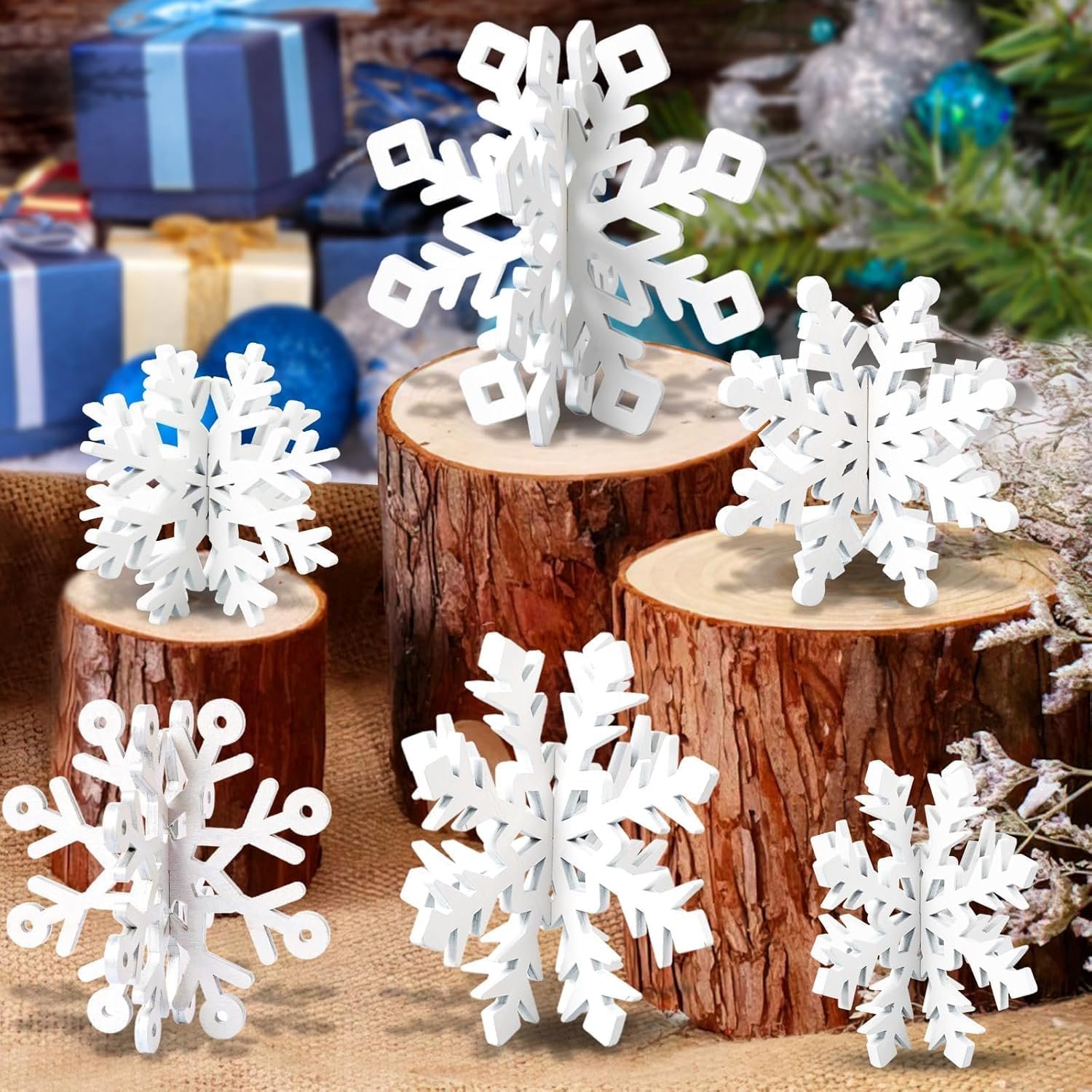 6 Set Snowflake Christmas Table Decorations – 12pcs White Wooden 3D Snowflake Decor Tabletop Centerpiece for Christmas Party Supplies Home Decor