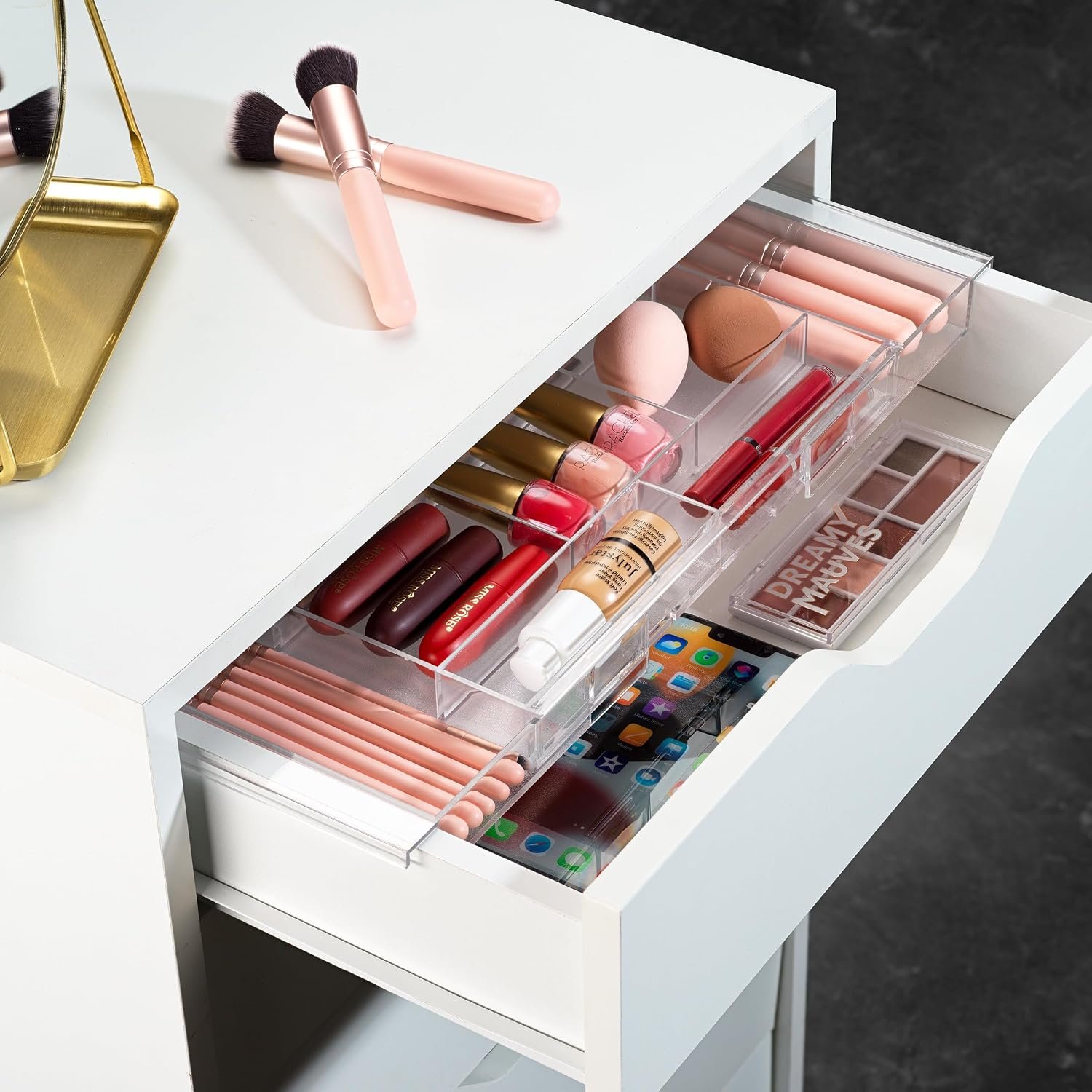Masirs Expandable Drawer Organizer – Customizable Makeup Vanity Organizing Storage Tray for Bathroom, Bedroom & Desk Drawers – Clear Plastic Cosmetics Organizers with Expanding Compartment (Set of 2)