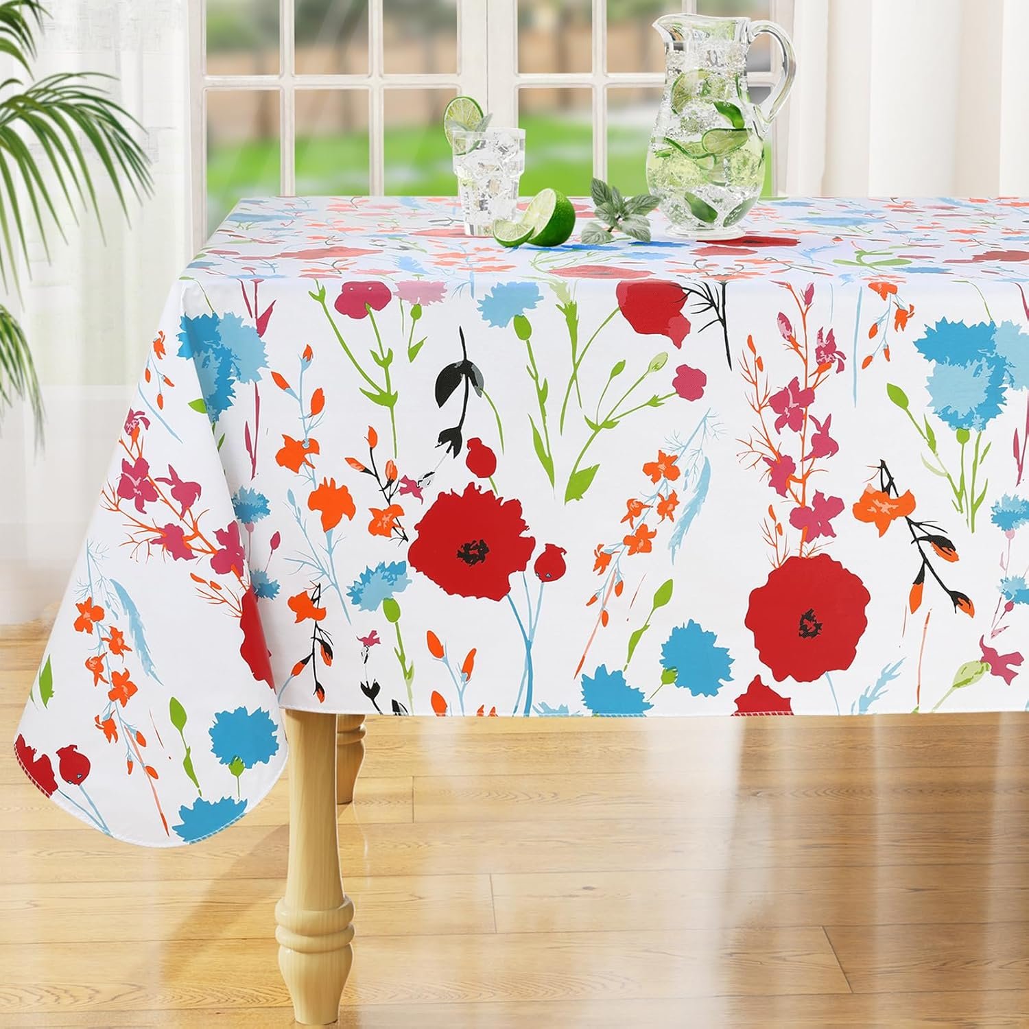Rectangle Waterproof Vinyl Table Cloth, Wipeable Tablecloth with Flannel Backing, Plastic Table Cover for Dinner, Picnic, Indoor and Outdoor (Flowers, 52″ x 70″)