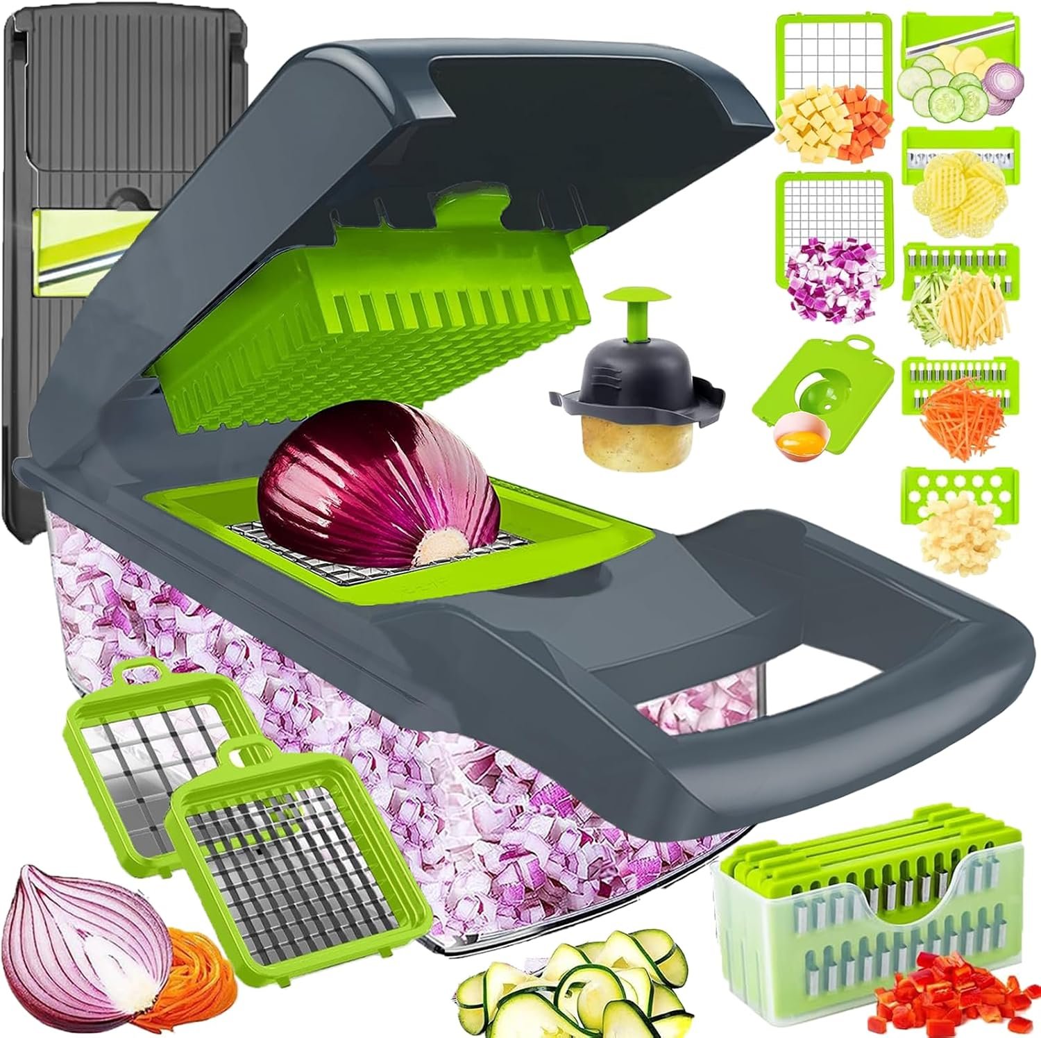 Vegetable Chopper Dicer with Container | Cheese Grater Mandoline Slicer Cabbage Shredder French Fry Cutter Stainless Steel for Veggie Onion Potato Fruit Food, Manual Hand Cooking Gadget for Kitchen | Pro-Series Veggie Cutter with Container for Food Onion Fruit Salad Potato Christmas Gift House Cooking Supply Tool