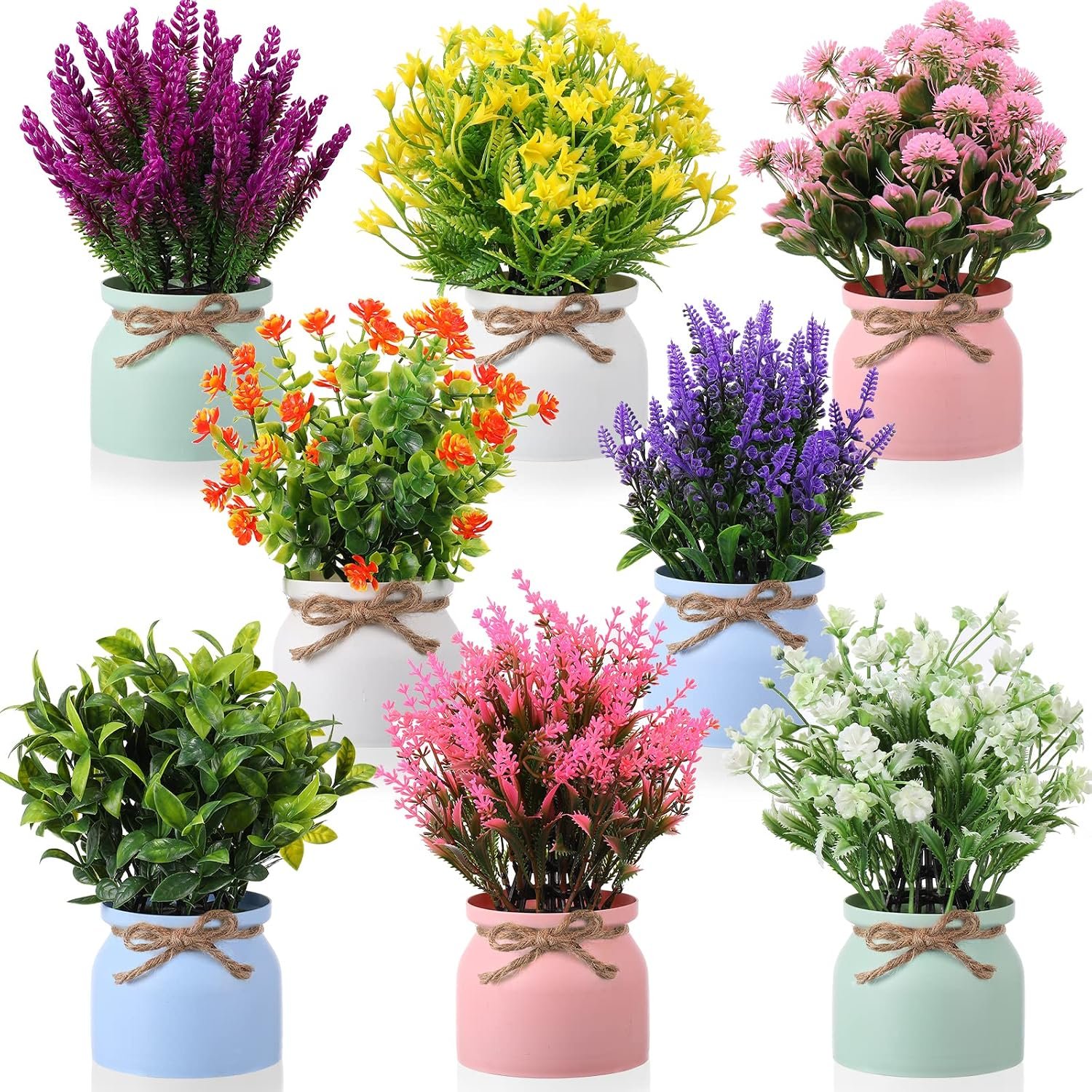 Cindeer 8 Pcs Large Artificial Potted Flowers Fake Potted Plants for Home | Plastic Faux Flowers for Home Decor Indoor Artificial Plants in Pots for Wedding Home Desk Tabletop Outdoor Office Kitchen