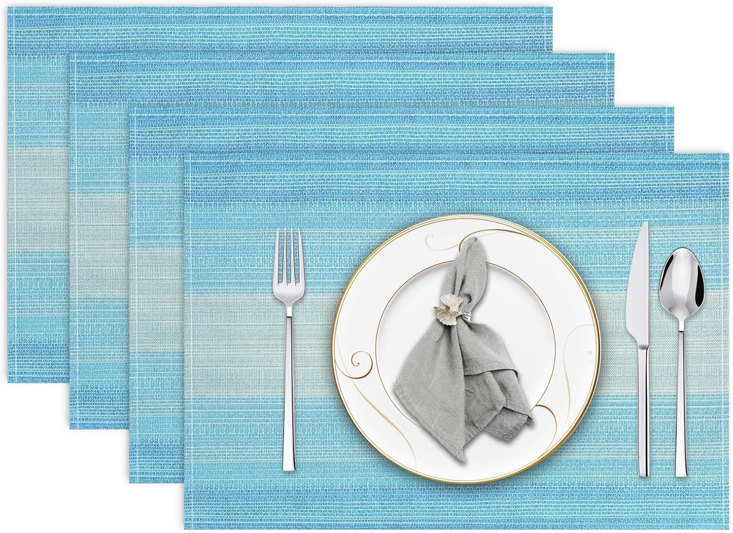 Placemats, Placemats Set of 4 Washable Place Mats, Blue 12″ x 18″ | Easy to Clean, Heat Resistant Table Mats, Wipeable Linen Placemat for Holiday Party Kitchen Dining Table Decoration