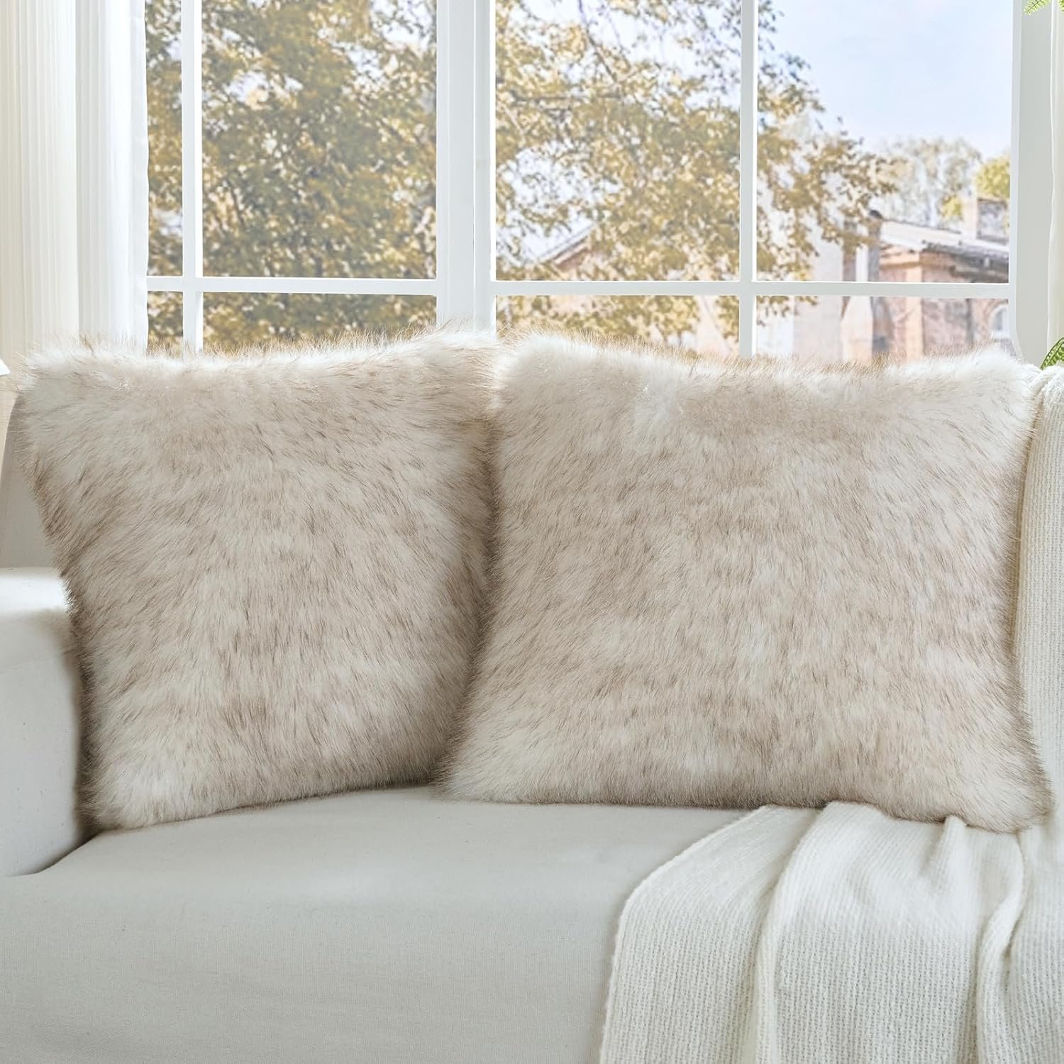FUTEI Pack of 2 Faux Fox Fur Throw Pillow Covers 18×18 Inch, Coffee White | Fluffy Faux Fox Fur Fabric On Both Sides,Hidden Zipper,Machine Washable,Non-Shedding,Fade-Resistant, Inserts Not Included.