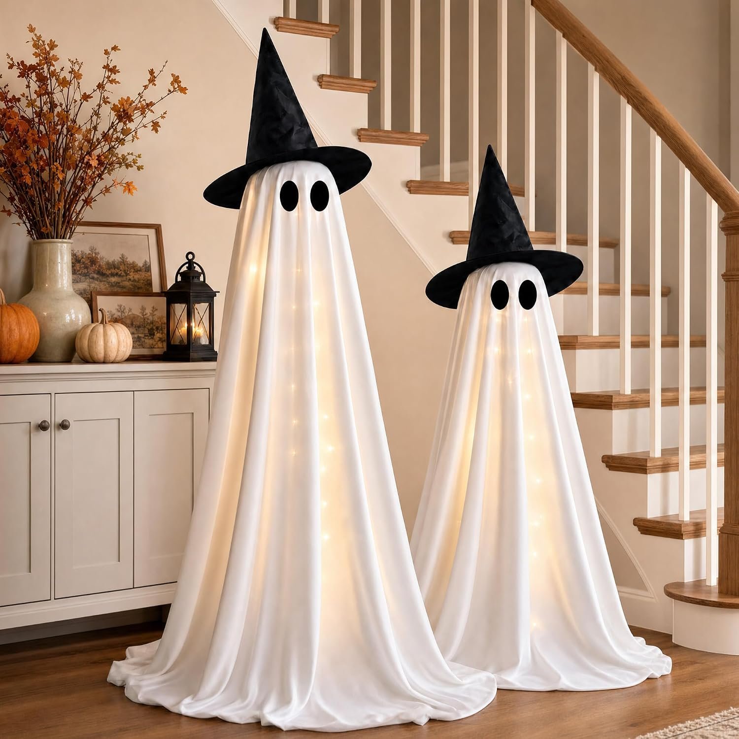 Halloween Decorations Indoor 2 Pack Light Up Ghosts | Easy to Assemble,Adjustable Height,30 Lights,Durable Material,Great for Halloween Party,Porch,Mantel,Home Decor