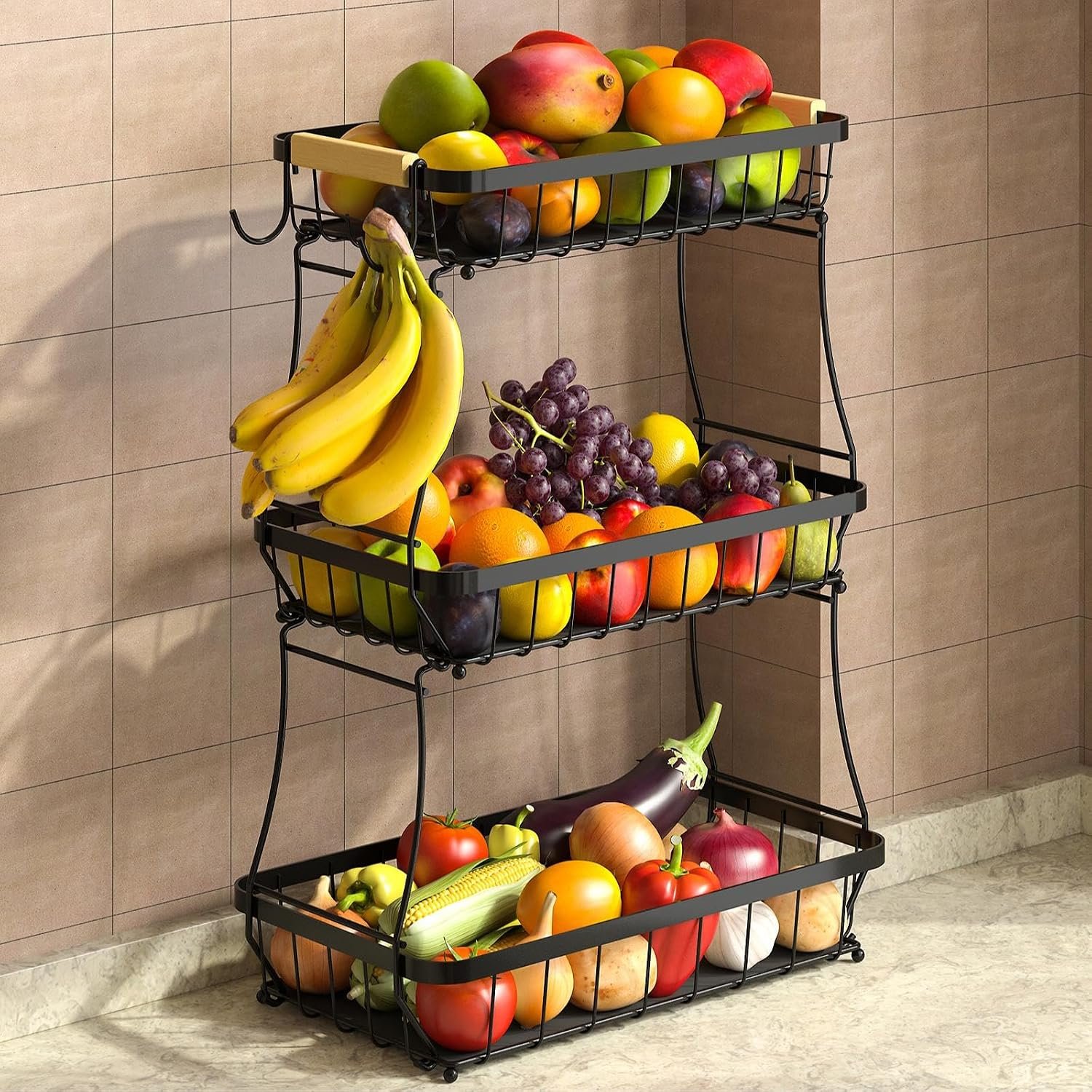 3-Tier Fruit Basket with Banana Hangers, Detachable Metal Bowl | Wooden handle, protective mats included. Versatile holder for bread, snacks, and veggies. Large 3 tier metal design.