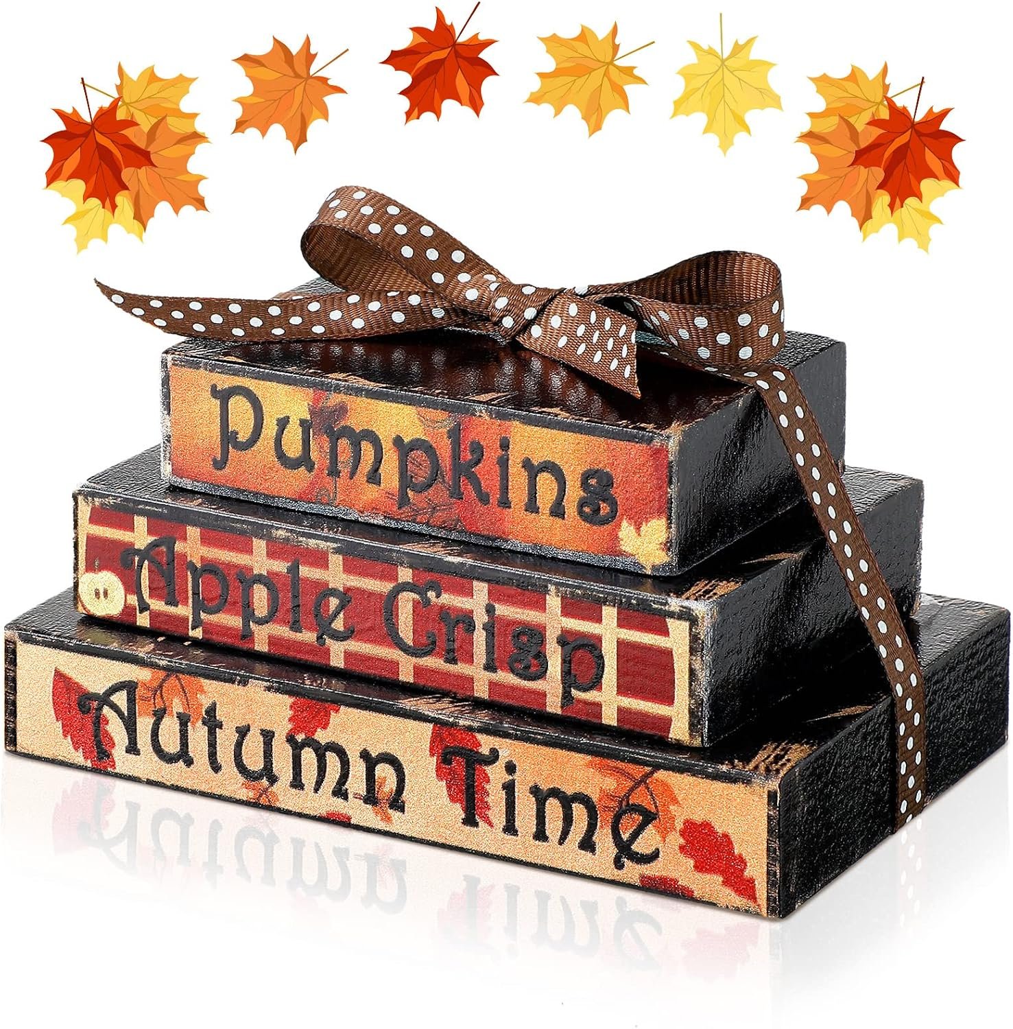 Ferraycle Fall Tiered Tray Decor 1 Set Mini Books Stack Decoration with Winter Snowflake Pumpkin Tag for Home Farmhouse Kitchen Sign Shelf Sitter Wood Tray Decoration Halloween Christmas (Pumpkin)
