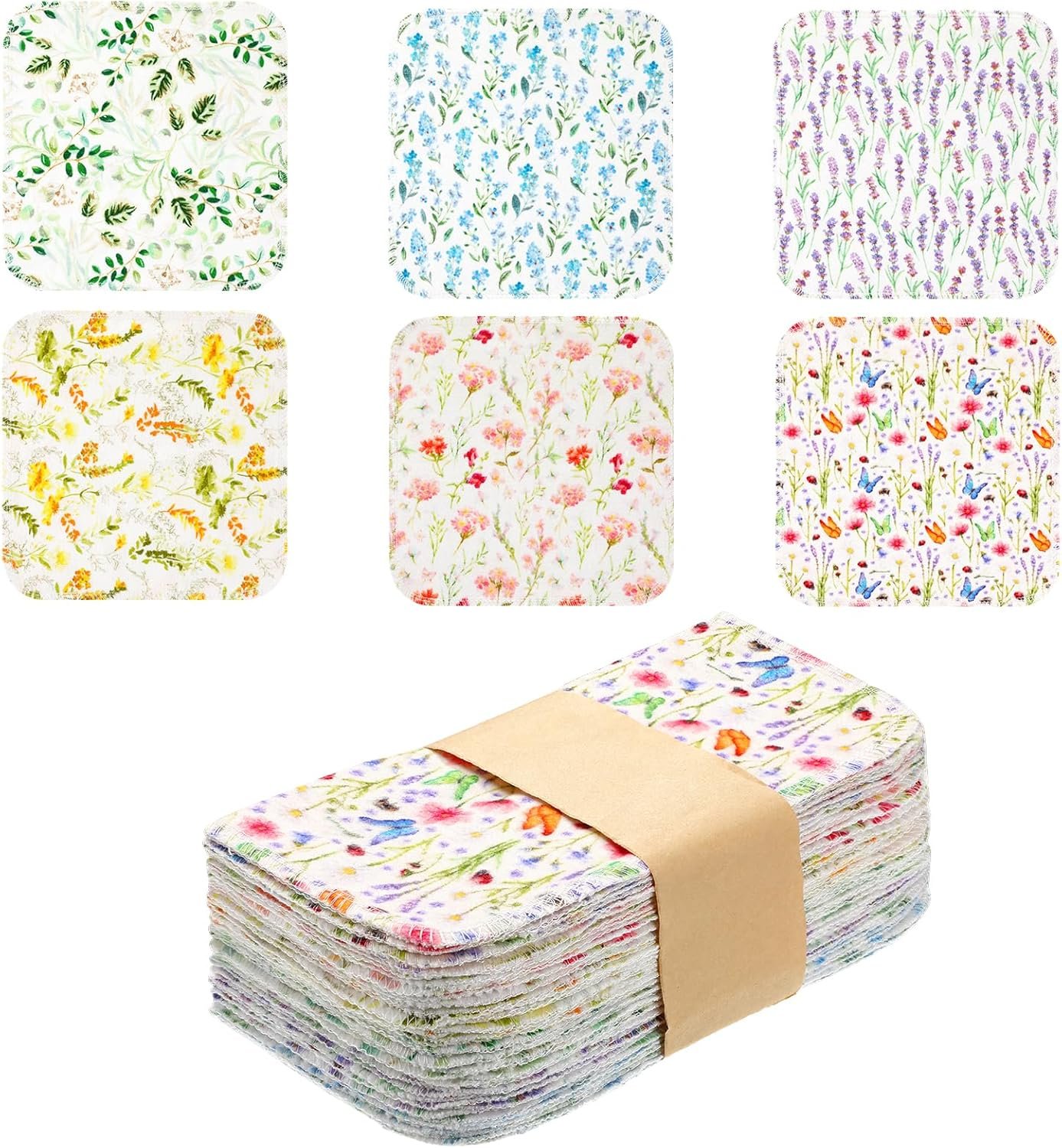 Kinlop 24 Pcs Back to School Lunchbox Cloth Napkins Bulk Summer Reusable 2 Ply 8″ x 8″ Cotton Paper Towels Floral Style Flannel Wipes Washable Sturdy Absorbent Cloth Placemats for Dining Home Party