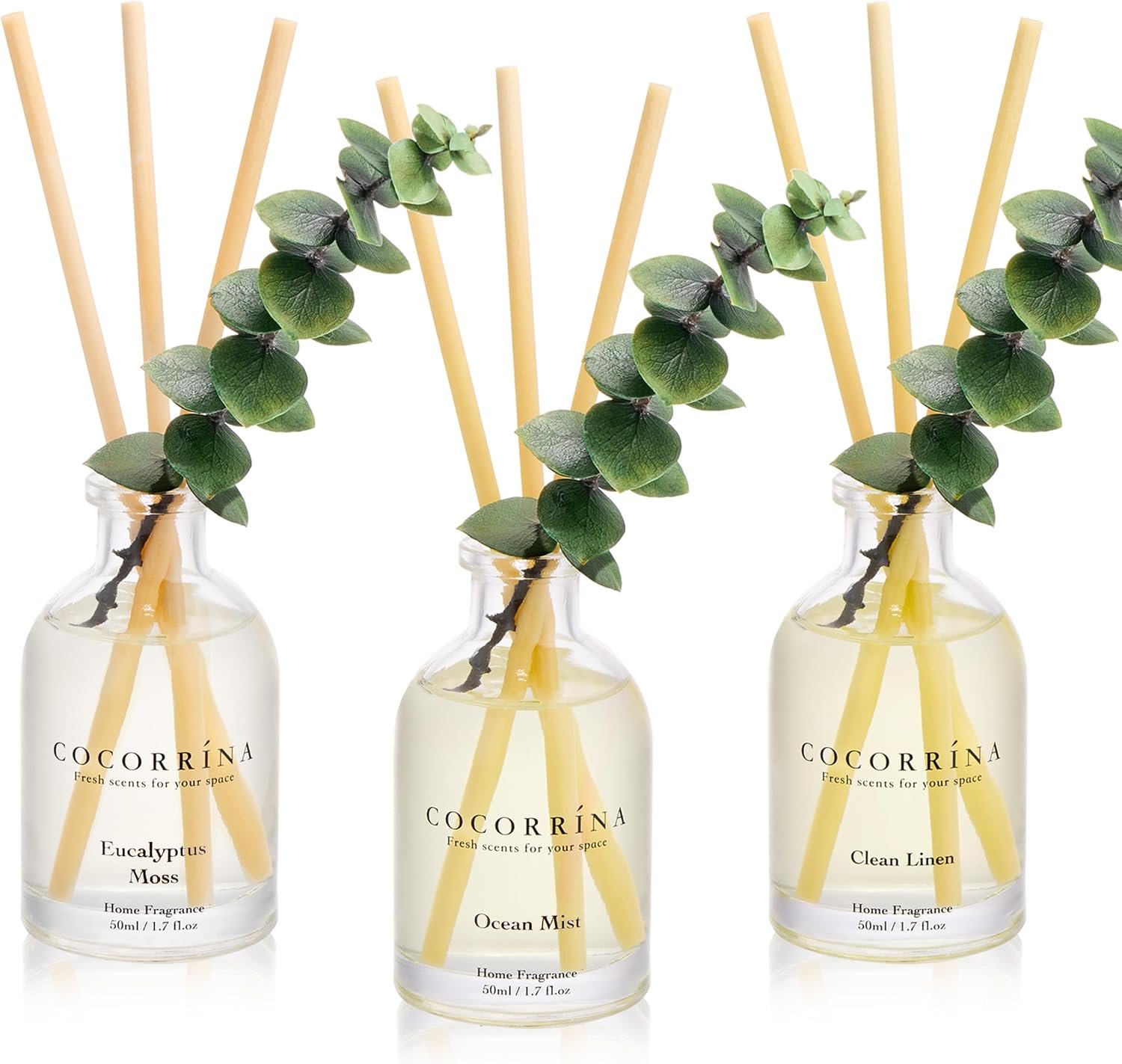 Reed Diffuser Set of 3 with Dried Eucalyptus for Home & Office | Eucalyptus & Moss/Clean Linen/Ocean Mist Scents,Aromatherapy Scented Oil Diffusers, 1.7 oz Each, Total 5.1 oz