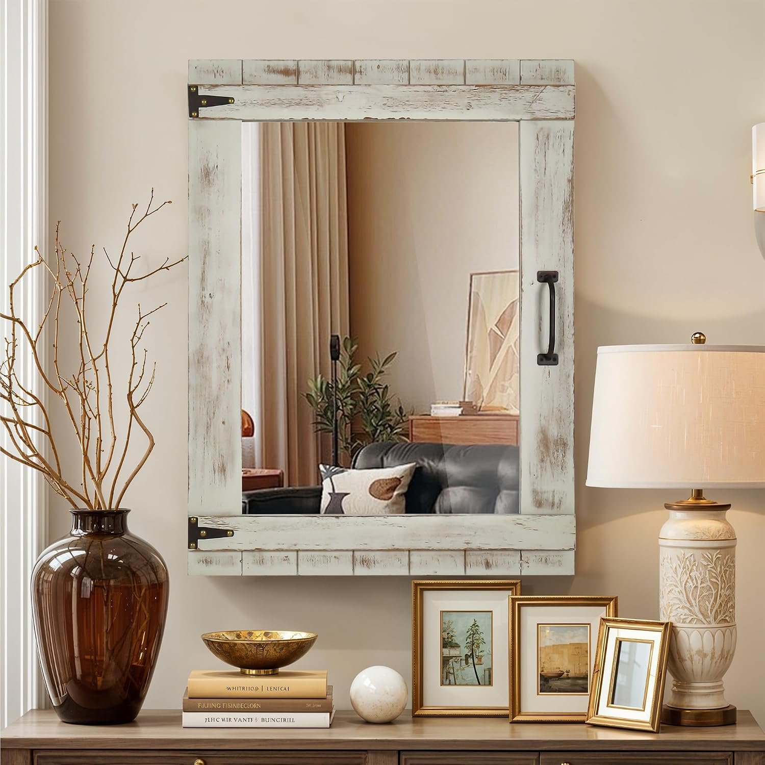 Oakrain Farmhouse Mirror, 24×32 Inch Distressed Gray Wood Frame with Black Metal Hinges, Rustic Wall Mirror for Bathroom, Living Room, Entryway, Bedroom