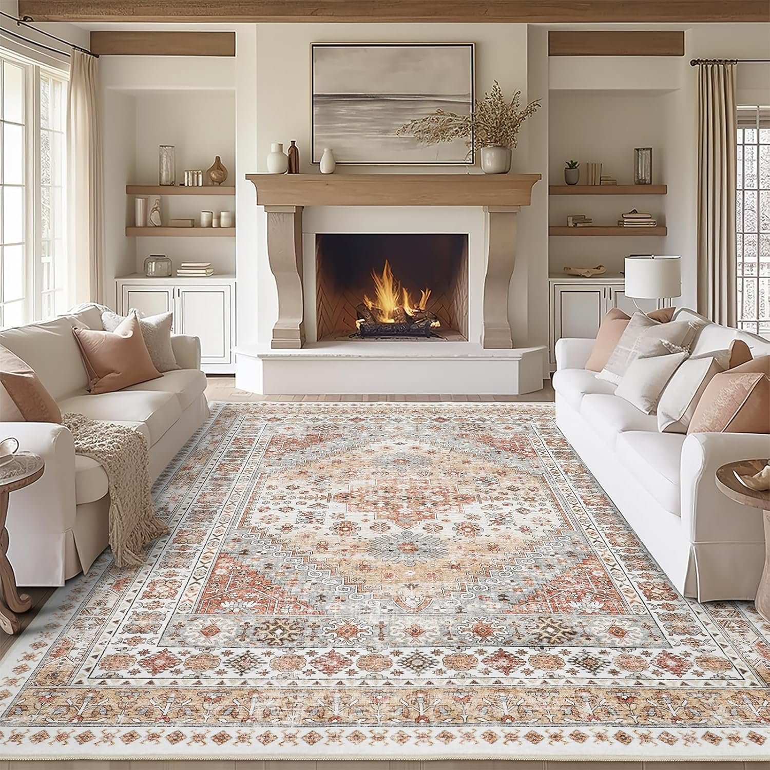 8×10 Area Rugs for Living Room,Large Washable Rug,Orange | Rugs for Bedroom,Dining Room,Office,Low Pile,Soft, Vintage Rug,Stain Resistant Indoor Carpet,Non Slip,Home Decor
