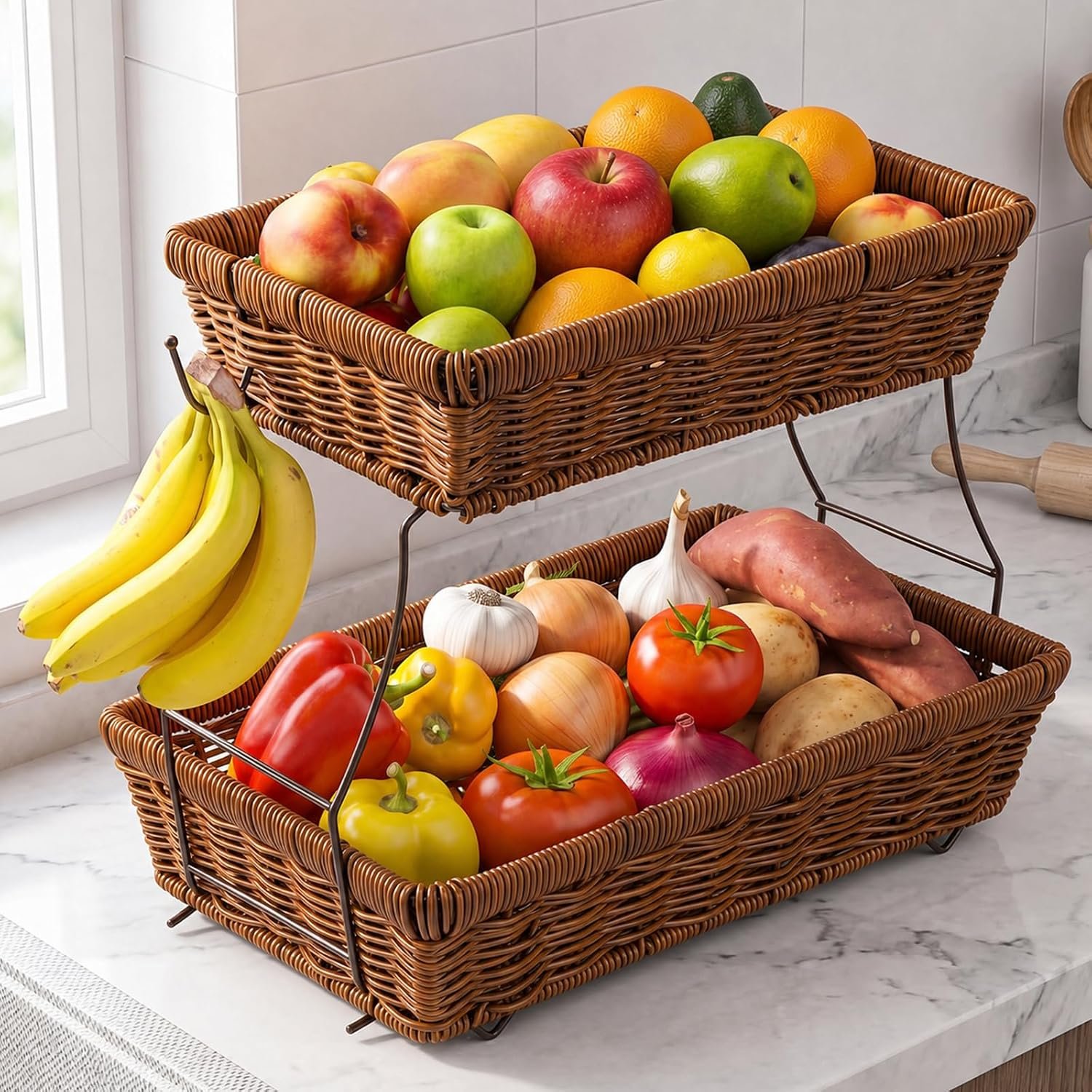 2 Tier Large Woven Rattan Fruit Basket Stackable for Kitchen Counter with Banana Hangers, Detachable Wicker Bread Baskets for Serving Fruits, Vegetables, Snacks, Bread, Spice, Seasonings
