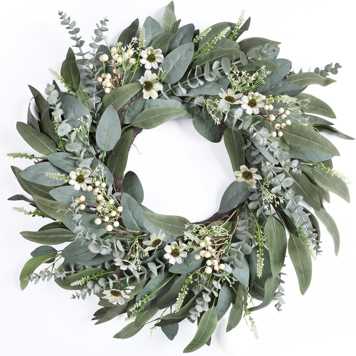 26 Inches Large Eucalyptus Spring Wreaths for Front Door,Artificial Greenery Summer Wreath with Berries White Flower Daisy,Easter Valentines Farmhouse Porch Wall Home Indoor Outdoor Décor