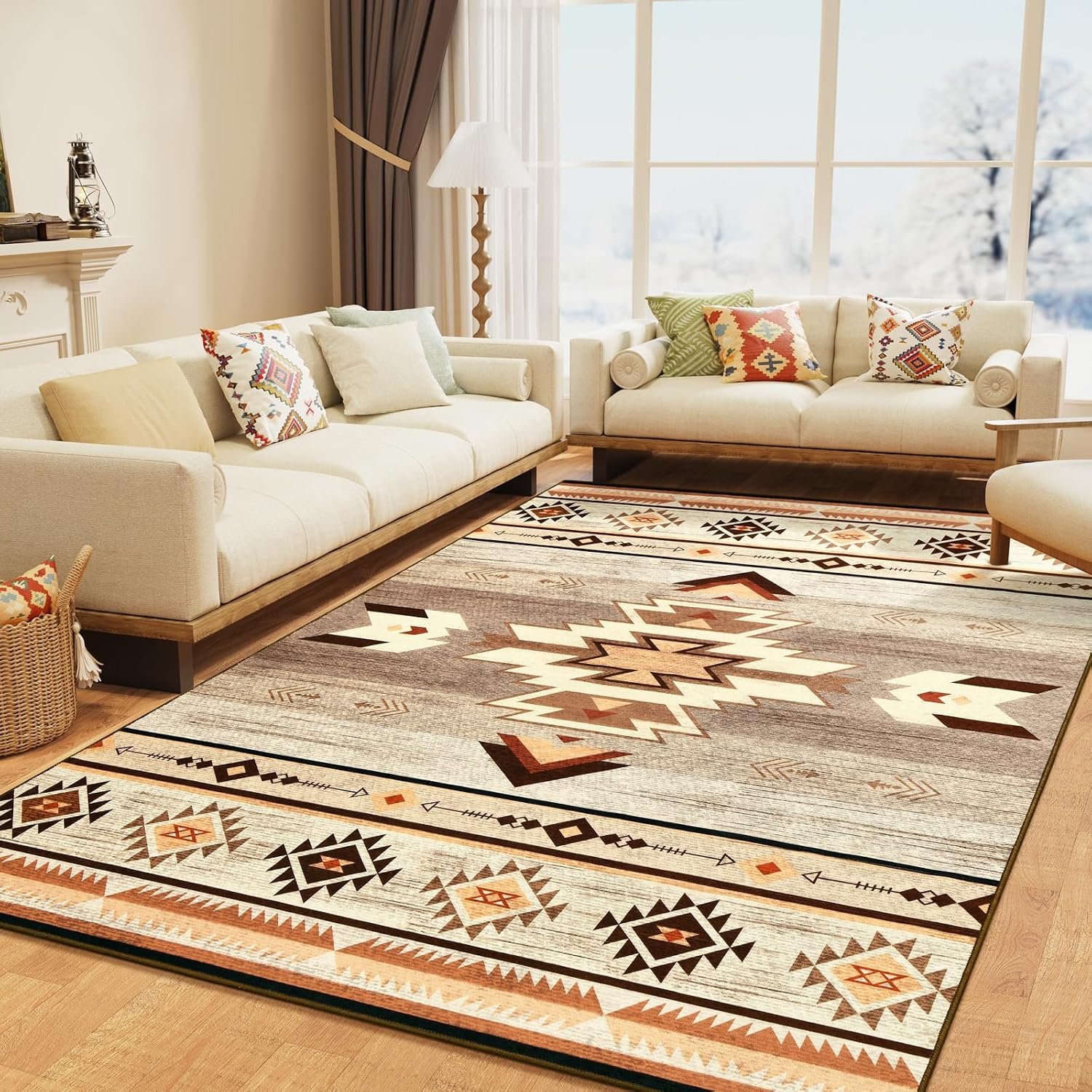 BENRON Western Area Rugs for Living Room Bedroom 5×7, Washable, Warm Beige | Non Slip Southwest aztec Rustic Rugs for Dining Table Kitchen Home Decor