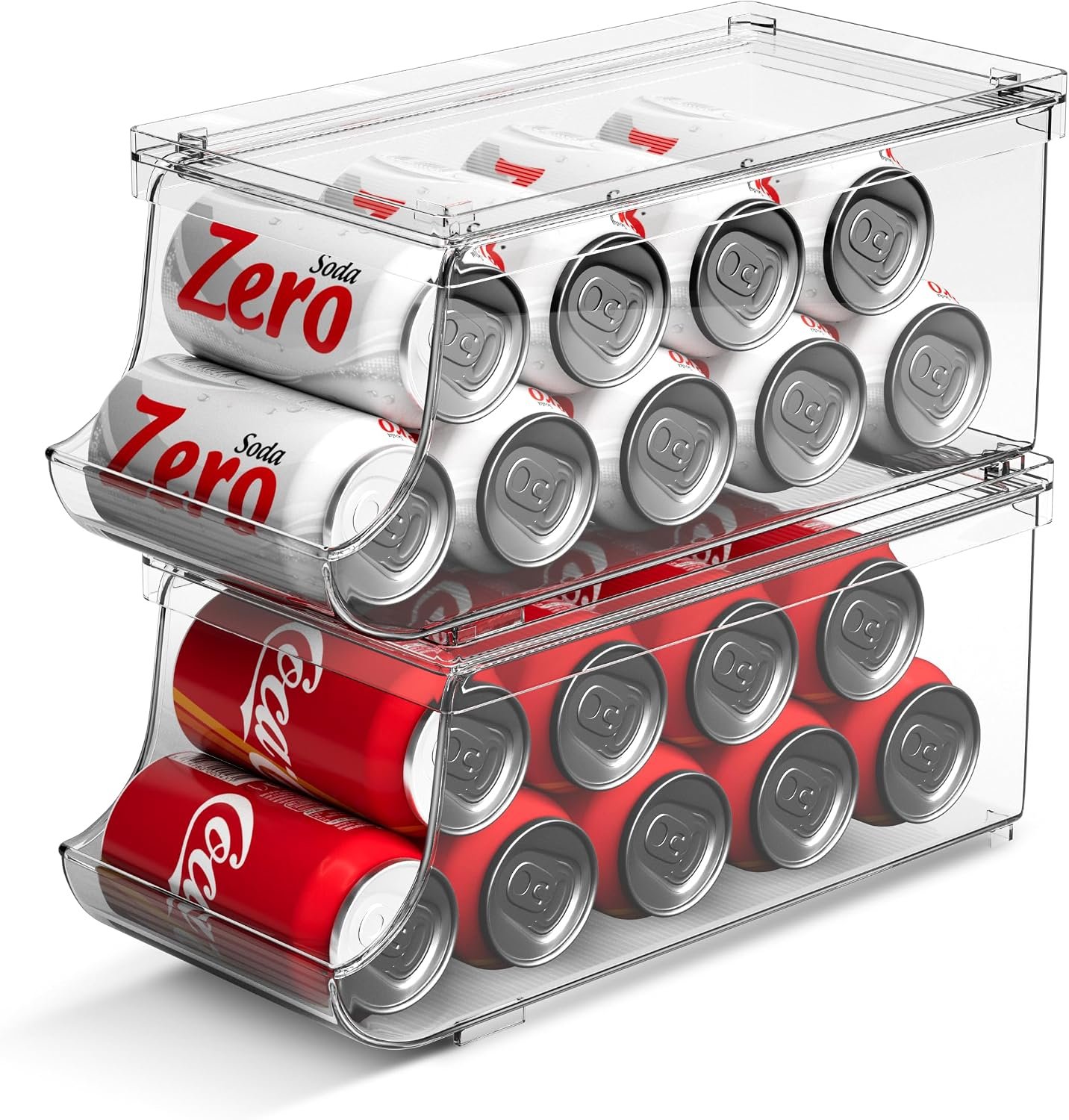 Set of 2 Stackable Drink Can Organizer for Fridge, Freezer, Kitchen, Countertops, Cabinets – Soft Drink Holder for Refrigerator with Lid, Soda Can Dispenser, BPA Free, Holds 9 Cans Each