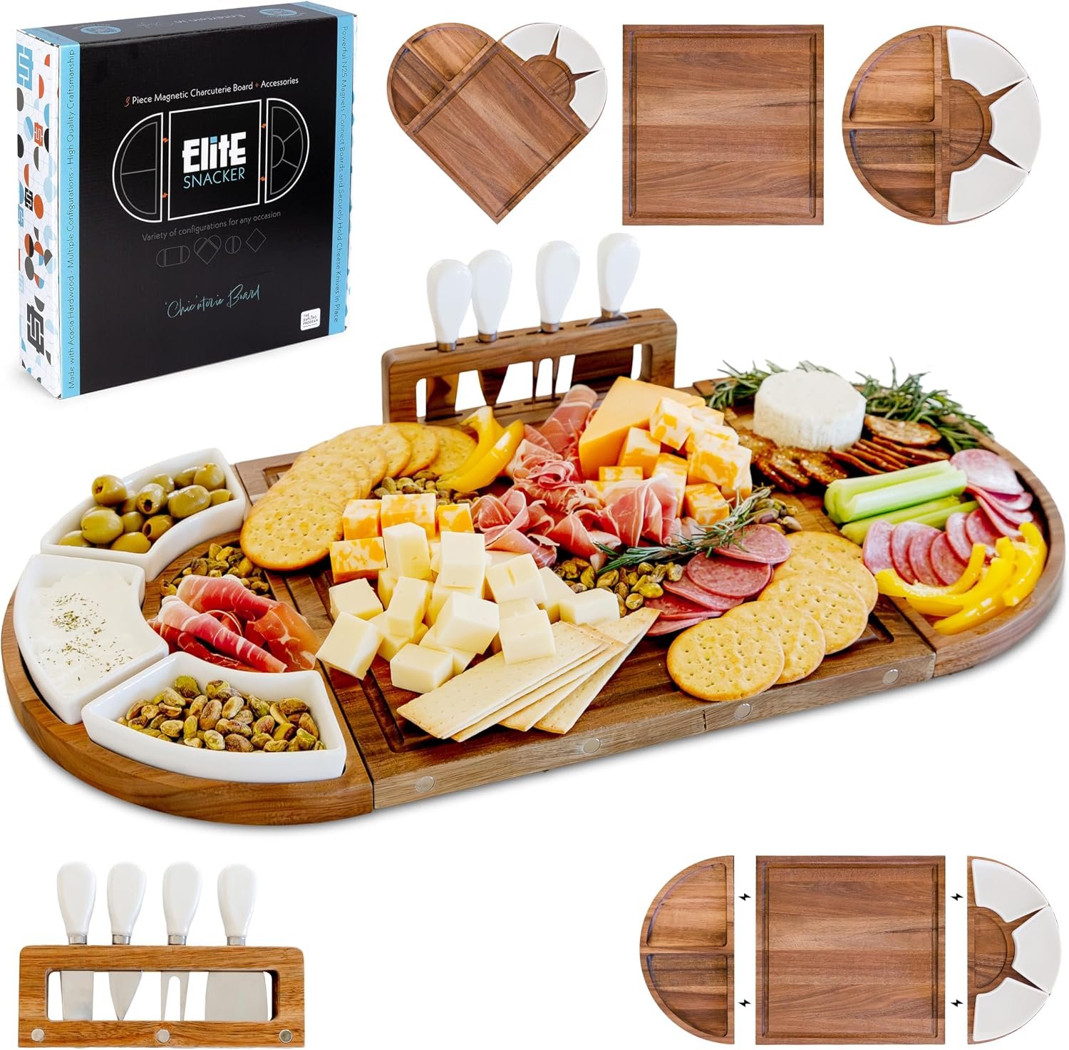 Large Charcuterie Board Set, Acacia Wood, Premium Finish | Magnetic 3-Piece Acacia Wood Design, Reshapes Circle Square Heart, Expands 13 to 26 In, 4 Knives, 3 Dishes, No Oiling Needed