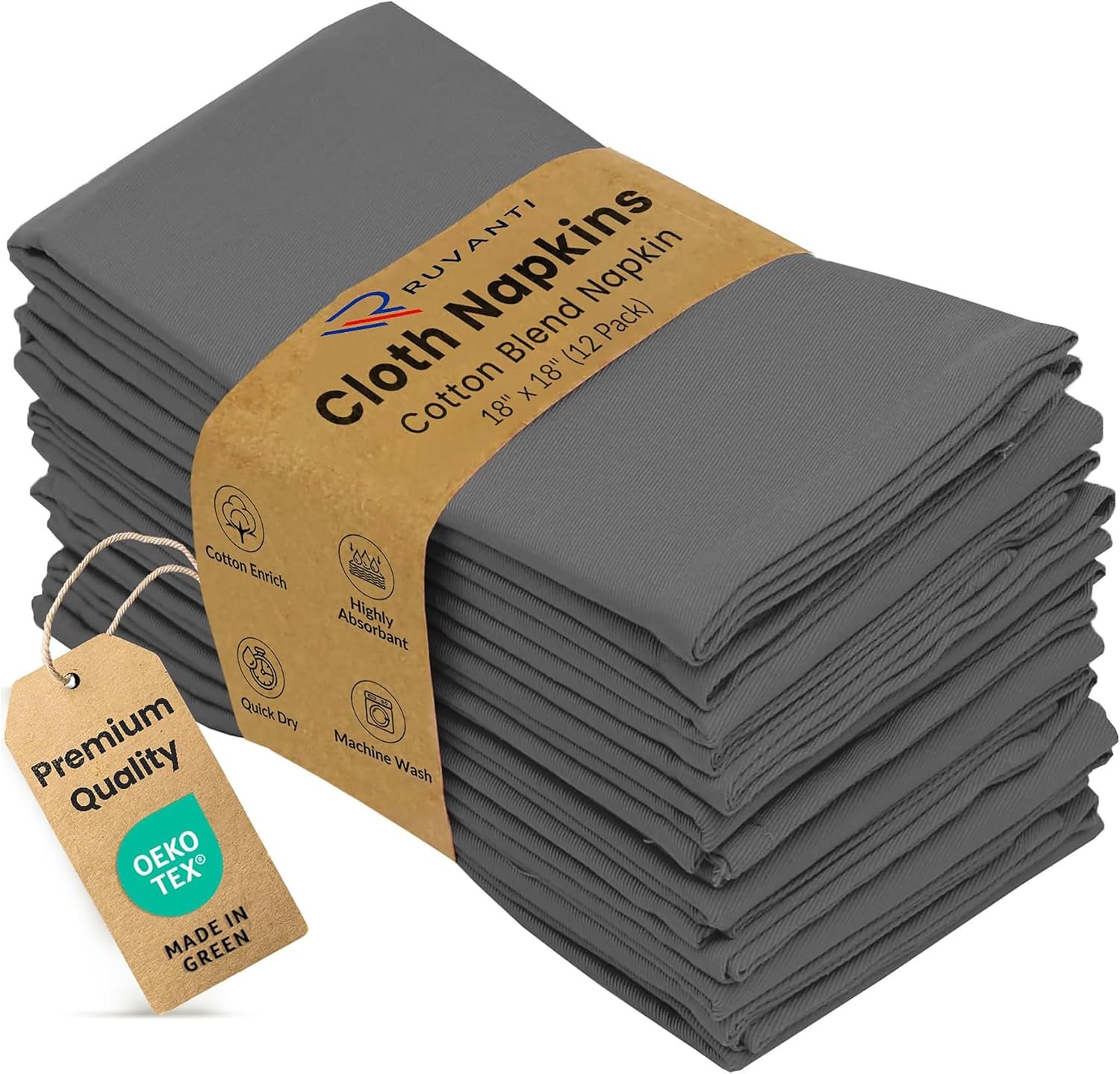 Ruvanti Cloth Napkin Set of 12, 18×18 Inch Soft & Absorbent Cotton Enrich Dinner Napkins for Hotel, Wedding Parties, Napkin-Everyday -Charcoal Grey