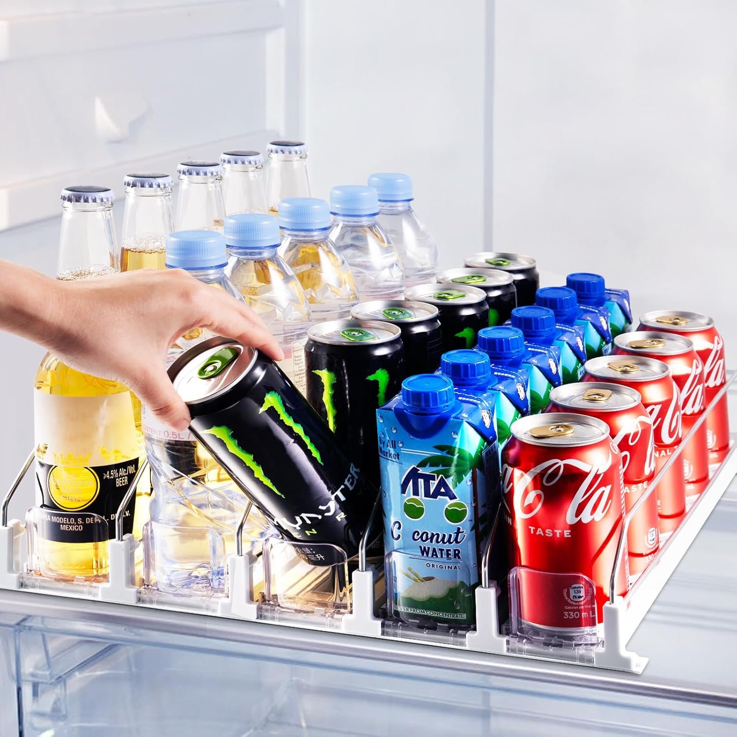 Coanto Drink Organizer for Fridge, Soda Can Organizer for Refrigerator with Automatic Pusher Glide, Adjustable Width Drink Dispenser for Fridge, Holds up to 25 Cans or Bottles, 5 Row