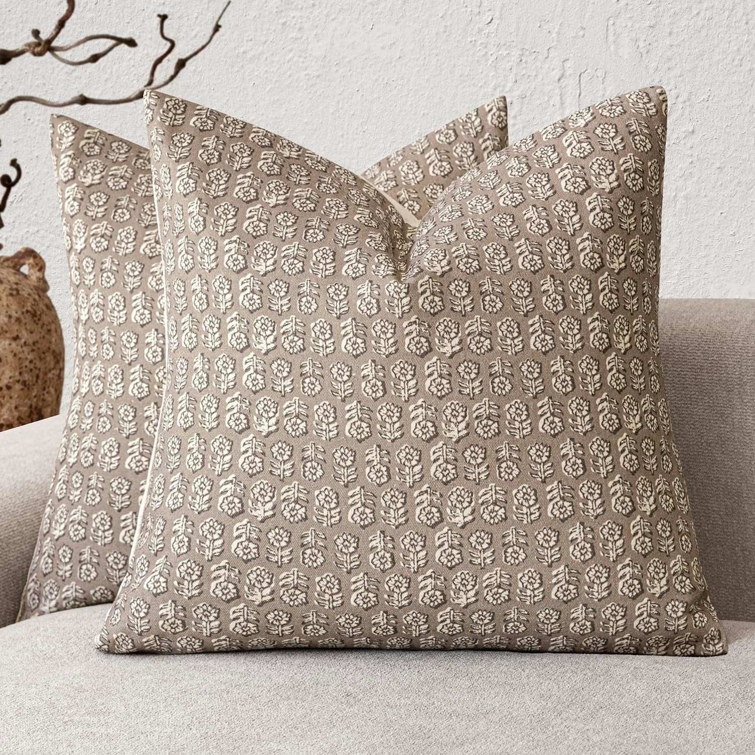Foindtower Set of 2 Decorative Neutral Floral Print Throw Pillow Covers Vintage Accent Farmhouse Cushion Covers Boho Home Decor for Sofa Couch Chair Bedroom Living Room,20×20 Inch,Tan Taupe
