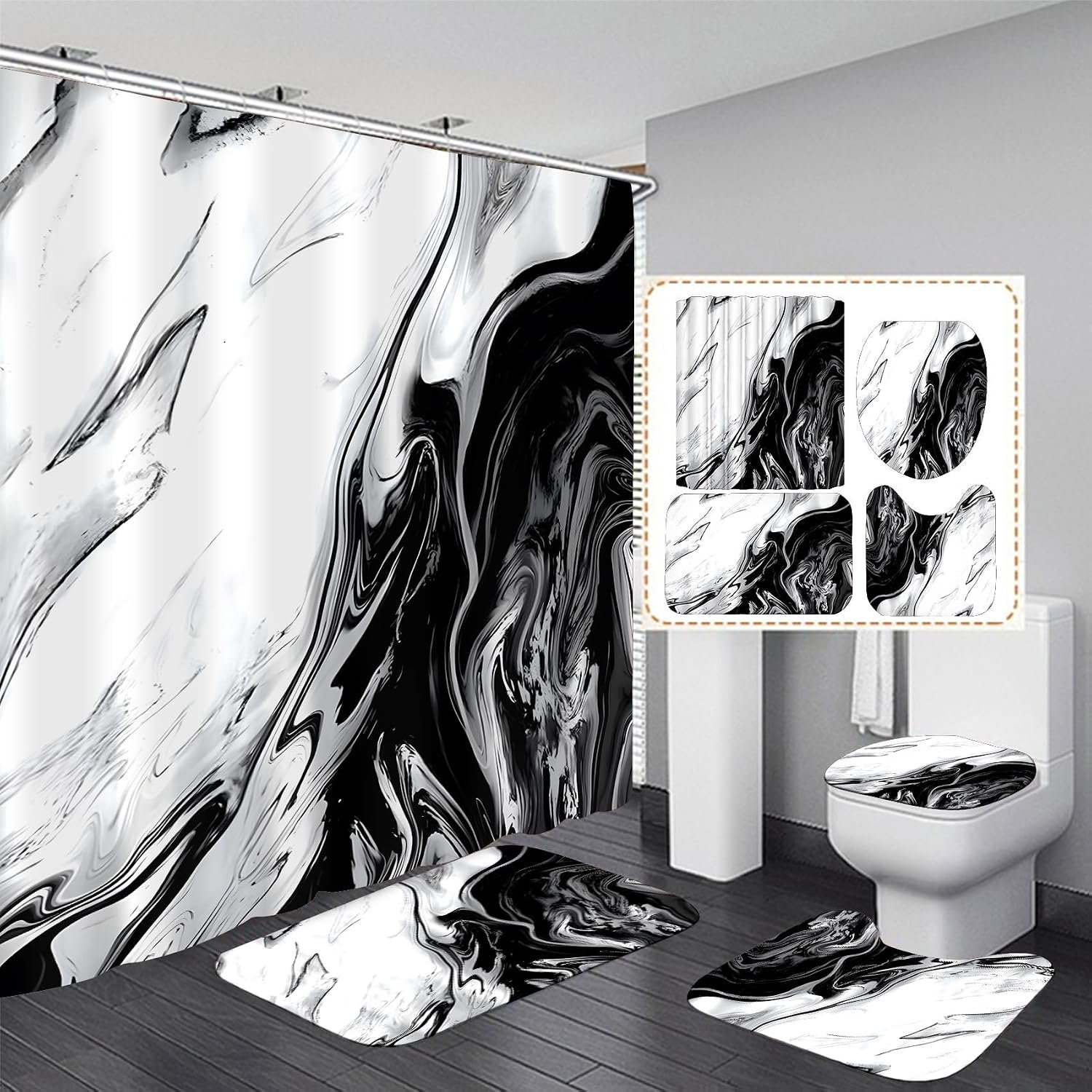 Nkzply 4Pcs Black and White Shower Curtain Marble Bathroom Set with Rugs | Bathroom Decor and Accessories Shower Curtain Set Bathroom Rugs Set Toilet Lid Cover Bath Mat and 12 Hooks