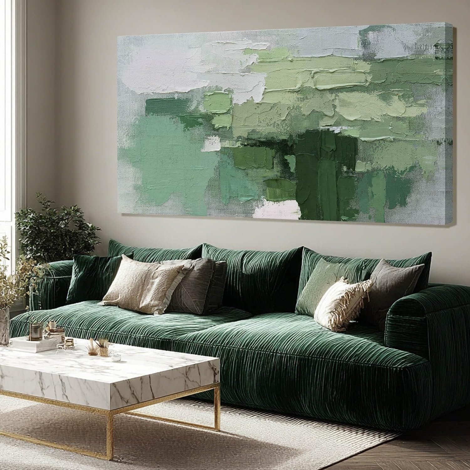 SHEYOYE Green Abstract Canvas Wall Art, White Large Modern Art Prints, Office & Dining Room Posters for Room Decor | 24″ x 48″