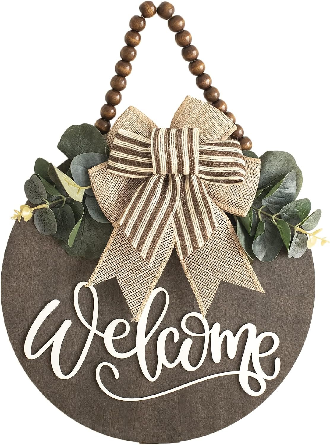 Welcome Sign for Front Door 12 in Wreath Decorations for All Seasons Brown | 3D Round, Wooden Bead Chain, Front Porch signs Decor Hanging for Farmhuose Home Outdoor Office Store