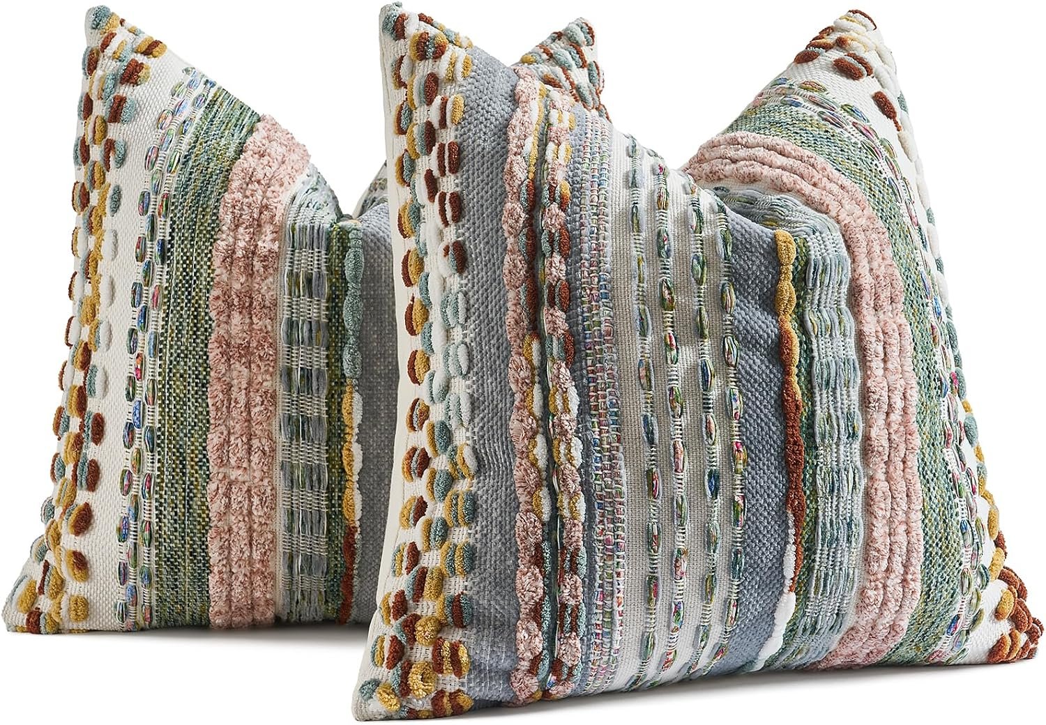 Set of 2 Chenille Tufted Striped Textured Boho Throw Pillow Covers Aesthetic Woven Decorative Pillow Case for Couch Bed Sofa Bedroom Modern Funky 18 x 18-Inch Multicolor