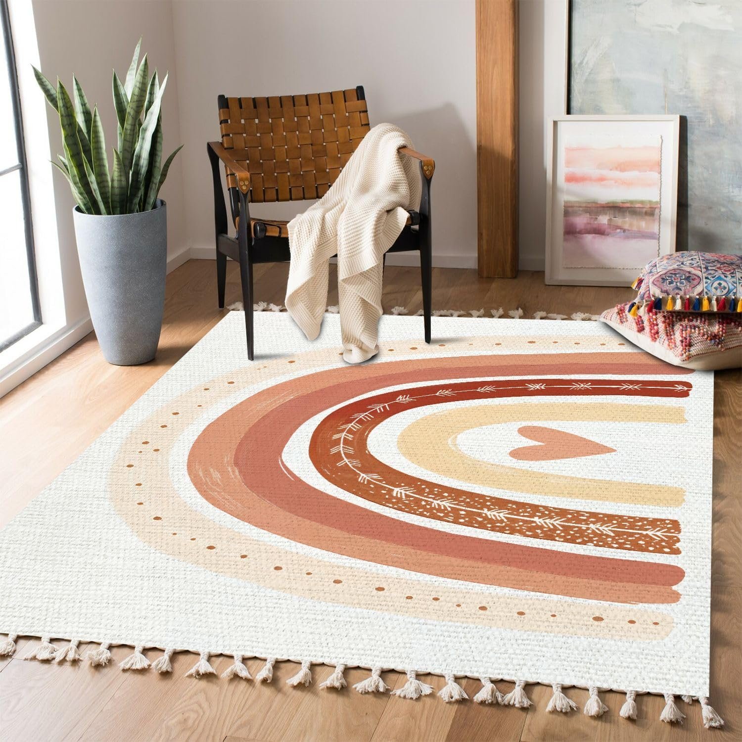 Boho Rug Scandinavian Nursery Rainbow Print for Playroom with Neutral Area Carpet Patio Hallway Runner Mat Pad Minimalist Home Decor Living Room Bedroom Indoor Outdoor, Multi3, 90x150cm