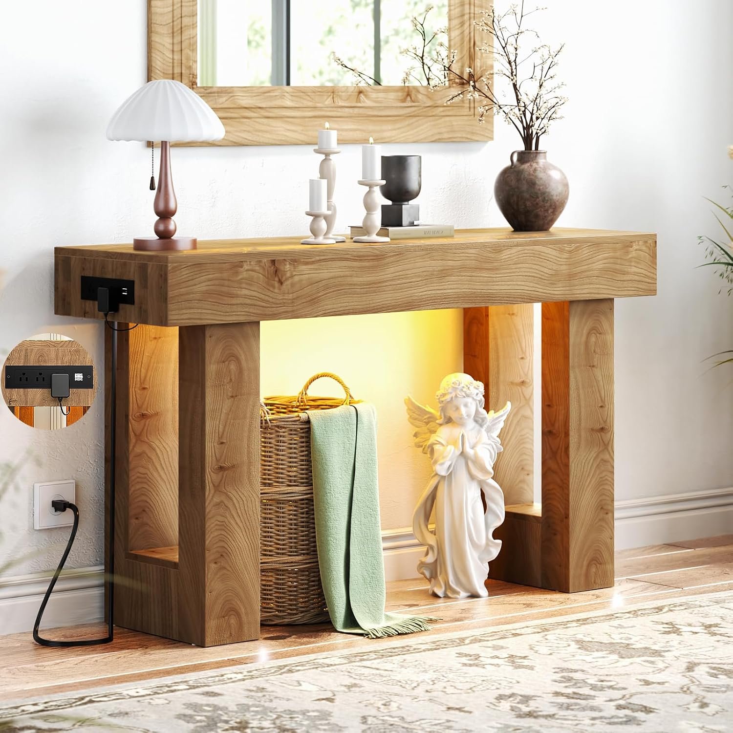 Unikito 47″ Entryway Table with Socket & Sensor Light, Natural Oak | Narrow Console Table with Storage Behind Couch, Farmhouse Foyer Table with Open Storage Versatile for Entrance Living Room