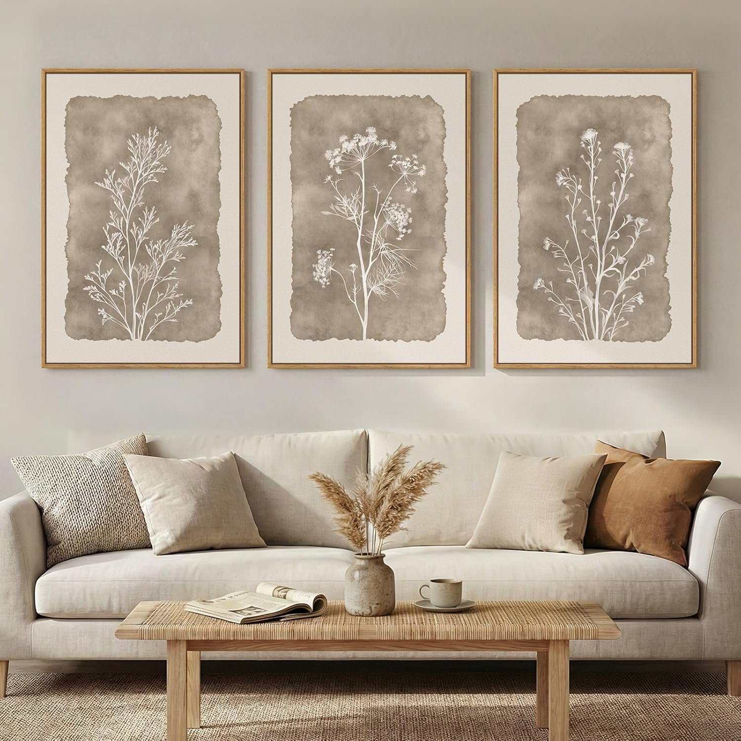 3 Piece Framed Neutral Botanical Wall Art Set, Large Farmhouse Floral Canvas Prints Paintings, Minimalist Wildflower Plant Artwork Decor for Living Room Bedroom Dining Room 16×24 Inch