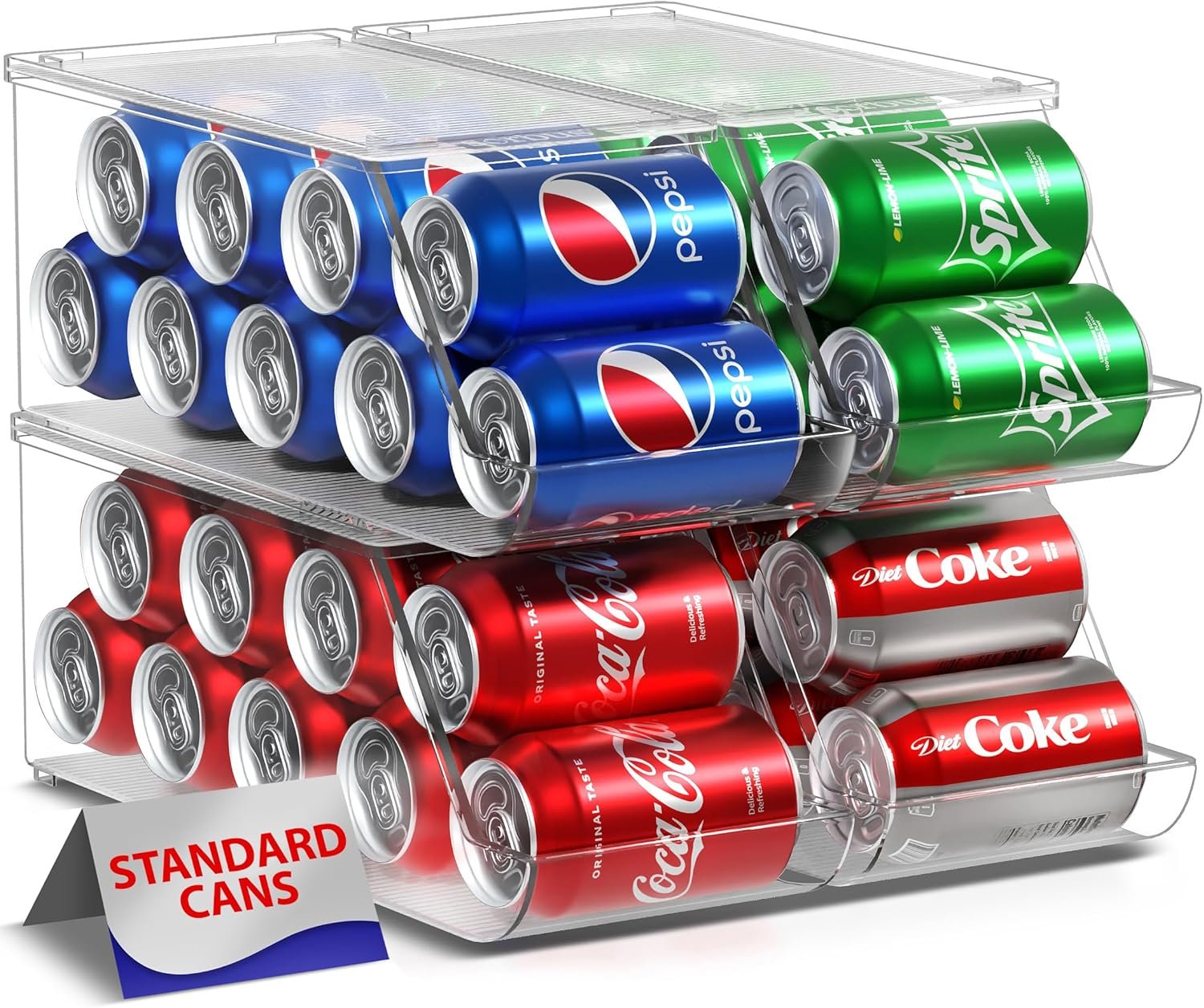 Sorbus Soda Can Organizer for Refrigerator – Stackable Can Holder Dispenser with Lid for Fridge, Pantry, Freezer – Holds 9 Cans Each, BPA-Free, Clear Design, Drink Organizer for Fridge (4-Pack)