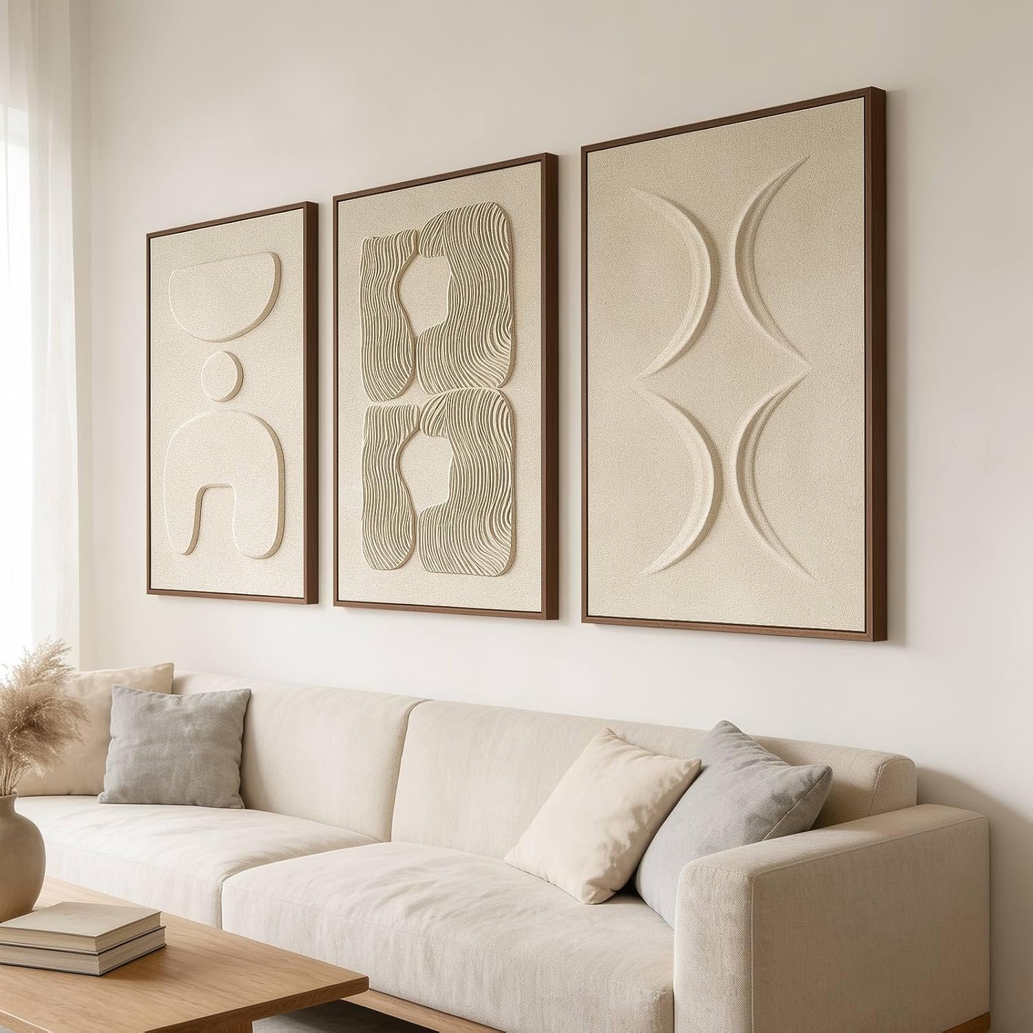 Thalasse Large 3-Piece 3D Textured Wall Art for Living Room, 24×36 Inch | Wabi Sabi Sandstone Relief Panels with Solid Wood Frames, Minimalist Wall Decor for Hallway and Entryways