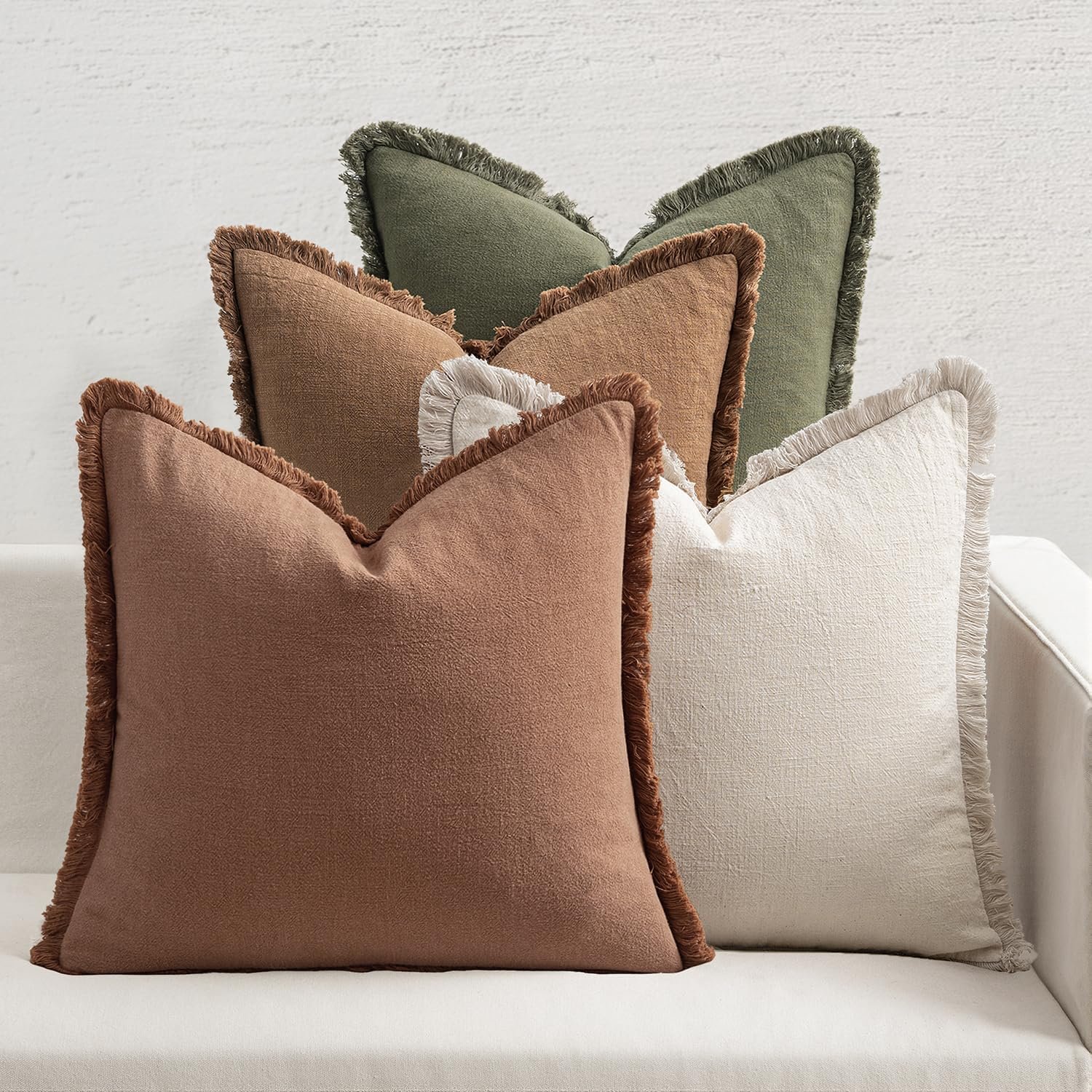 MIULEE Fall Linen Fringe Pillow Covers Set of 4 18×18 Beige/Brown/Green | Boho Farmhouse Decorative Throw Pillow Covers, Neutral Soft Rustic Cushion Cases, for Couch Sofa Bed Living Room Home Decor