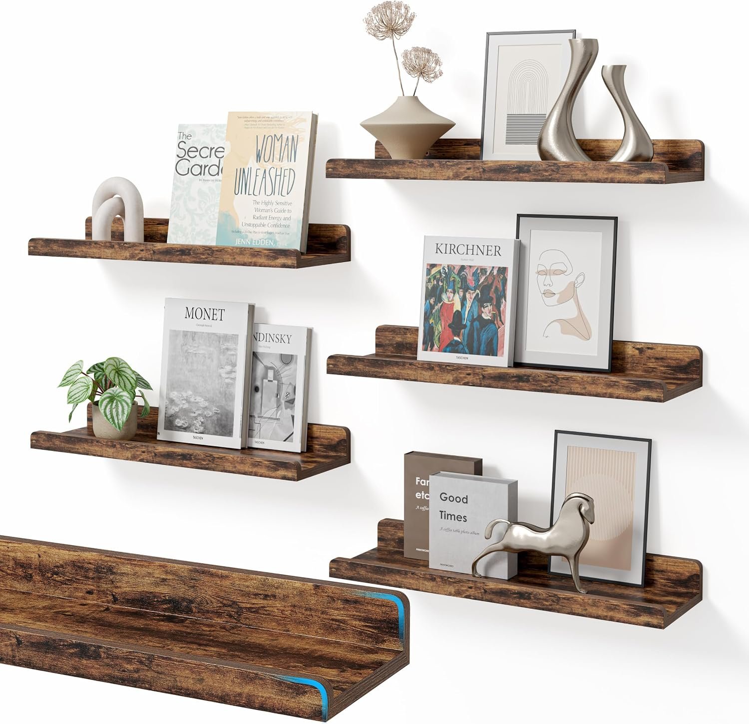 YUFLINX 16’’Rustic Brown Floating Shelves for Wall Set of 6,Rustic Wood Shelf for Room Decor/Storage/Display,Small Bookshelf,Wall Mounted Hanging Shelves for Bedroom, Bathroom, Living Room, Kitchen