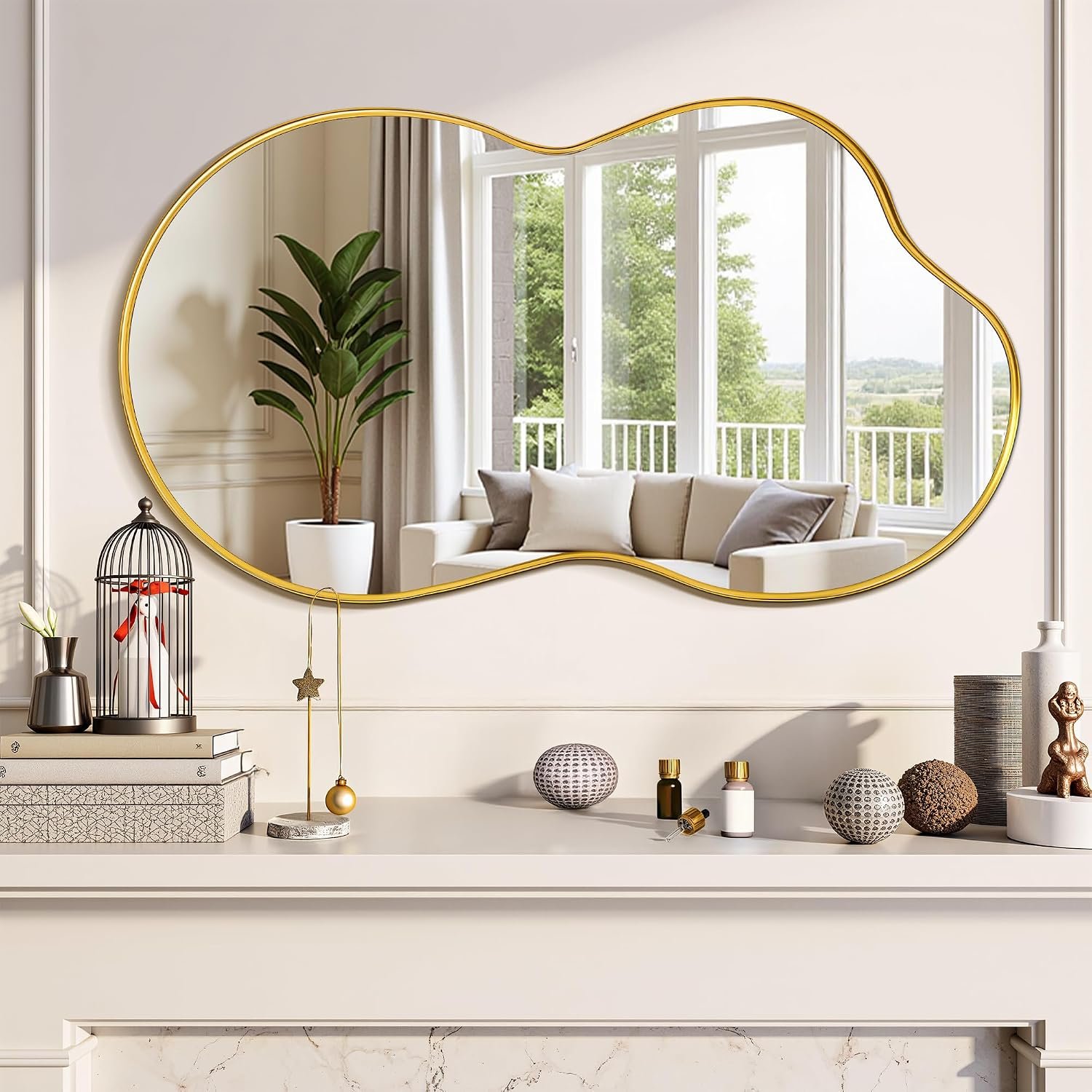 Suidia Irregular Wall Mirror, 36″x20″ Bathroom Mirror Asymmetrical Mirrors Artistic Mirrors Decorative for Living Room Bedroom Bathroom Hallway Entryway, Gold, Cloud Style