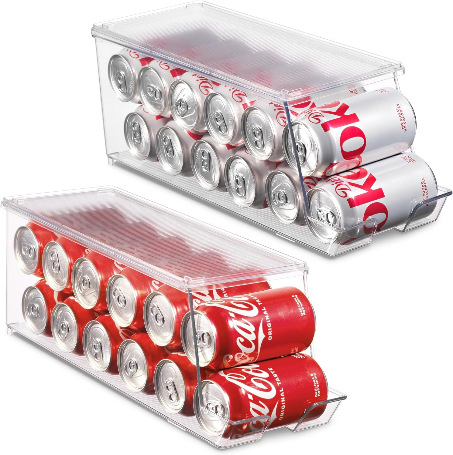 Set of 2 Stackable Refrigerator Organizer Bins Pop Soda Can Dispenser Beverage Holder for Fridge, Freezer, Kitchen, Countertops, Cabinets – Clear Plastic Canned Food Pantry Storage Rack Holds 12 Cans