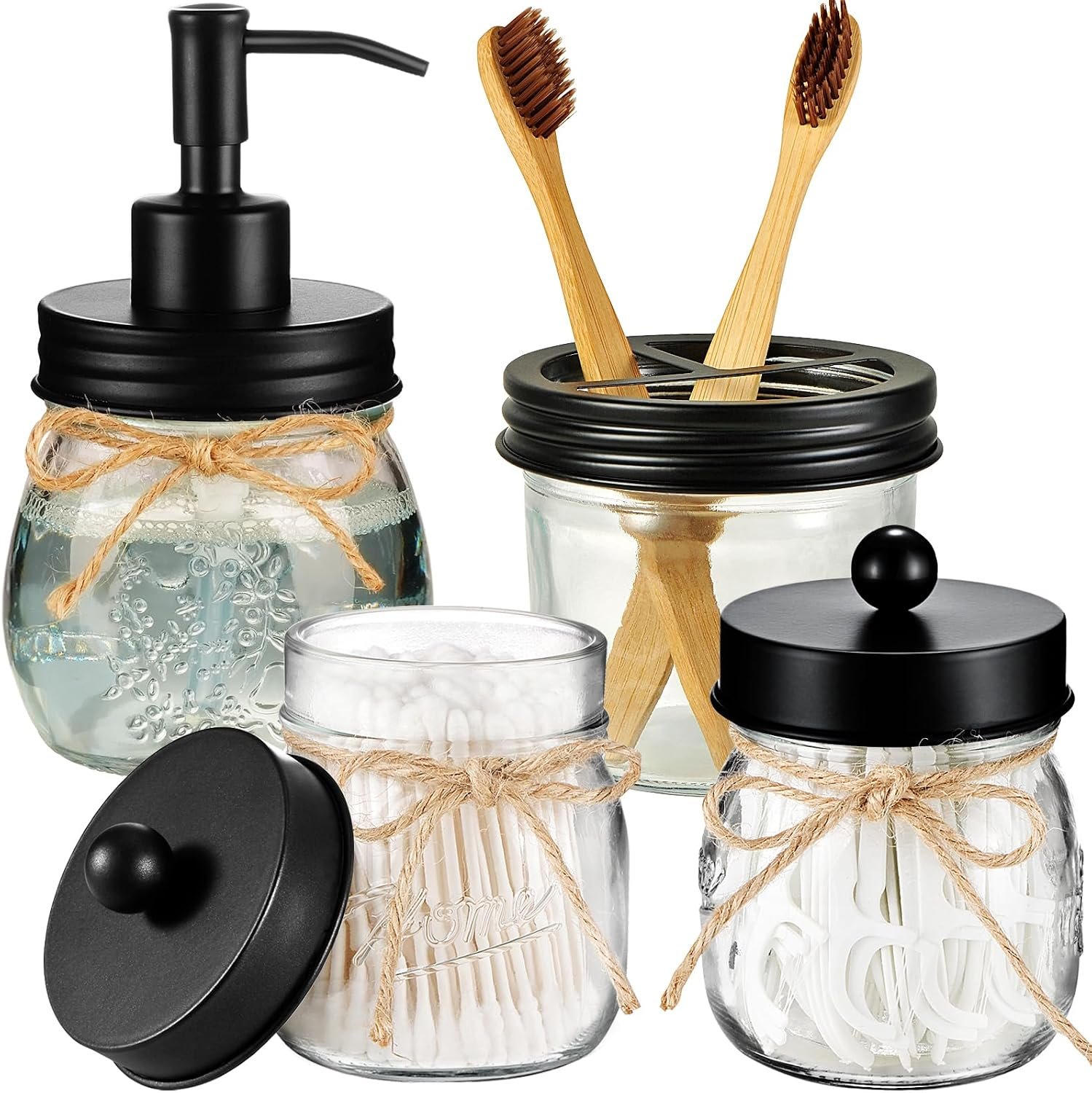 Amolliar Mason Jar Bathroom Accessories Set 4 Pcs -Lotion Soap Dispenser & 2 Qtip Holders & Toothbrush Holder – Rustic Farmhouse Decor, Bathroom Home Decor (Black)