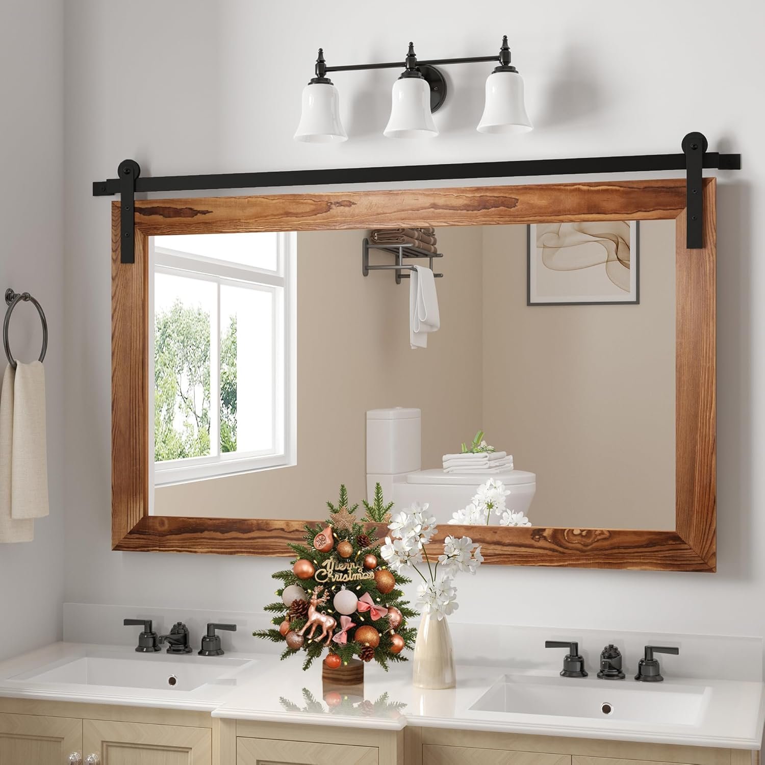 COGOOD Farmhouse Barn Door Mirror – 41″ x 26″ Rustic Wood Framed Wall Mirror for Bathroom, Living Room, Bedroom Wall Decor (Brown)