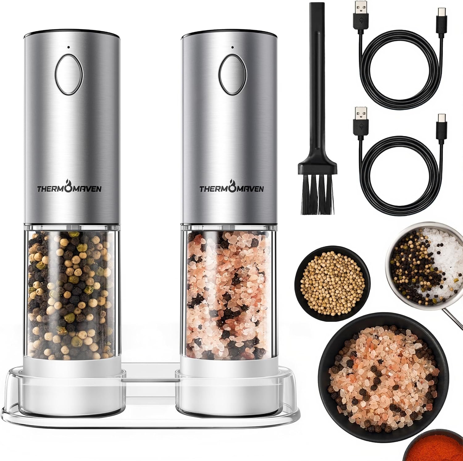 ThermoMaven 110ml Rechargeable Electric Salt and Pepper Grinder Set – 6 Adjustable Coarseness, Washable Parts, Built – in LED for Easy and Accurate Grinding, 2 Packs, Pearly White