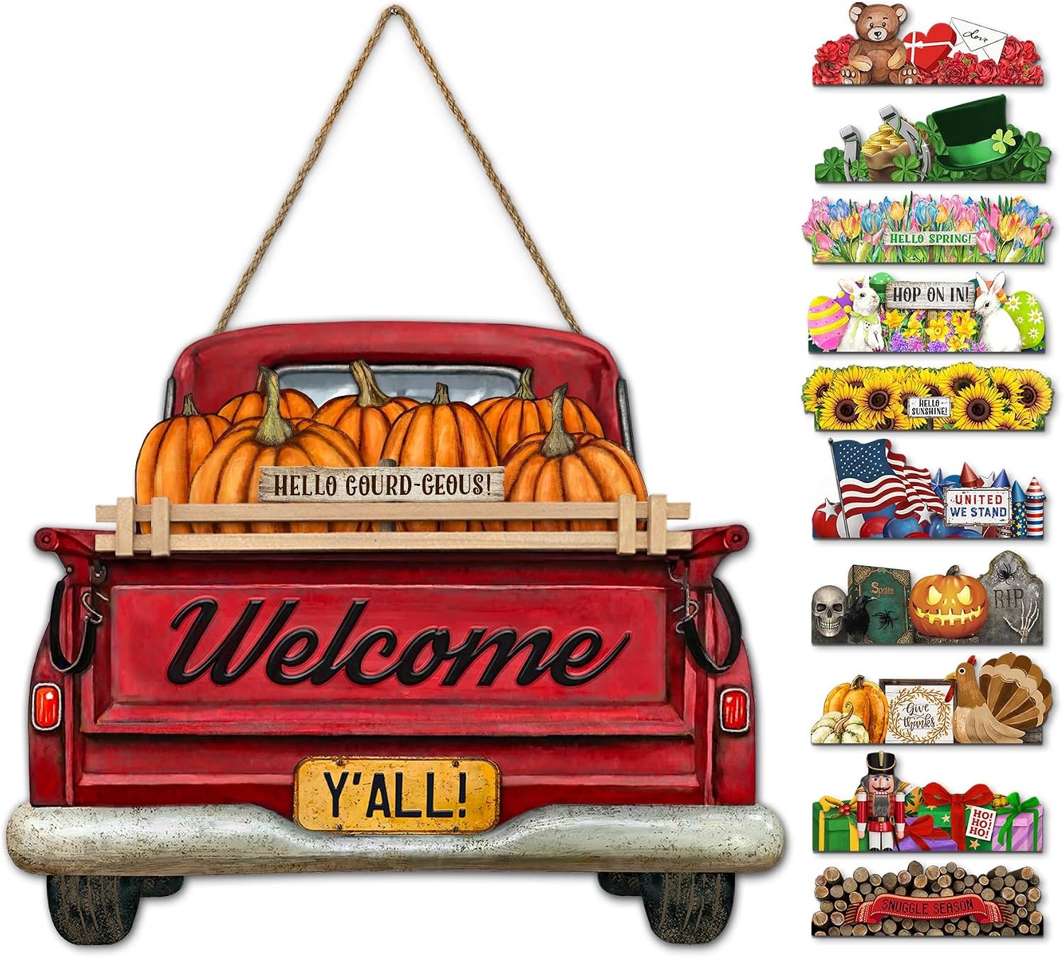 Interchangeable Welcome Sign for Front Door Red Farmhouse Truck Decor Hanging Sign with 11 Interchangeable Seasonal and Holiday Decor Signs 12×14 in. (Country Rustic)