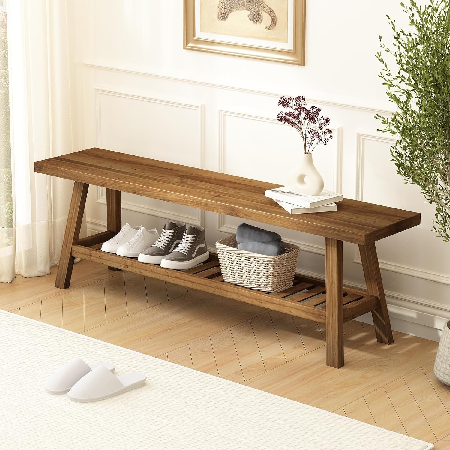 Reclaimed Solid Wood Bench-55 Entryway Bench with Storage Shelf | Farmhouse Narrow Rustic Bench, Hallway, Kitchen, Bedroom, Dining, Indoor