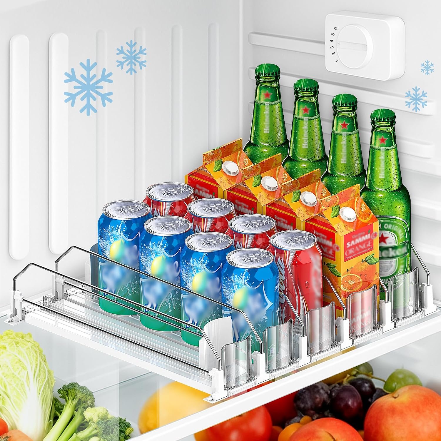 Upgraded Drink Organizer for Fridge, Space-Saving Fridge Drink Organizer, Automatic Pusher Glide and Adjustable Width Drink Dispenser for Fridge – Holds Up to 20 Cans (5 Rows White)