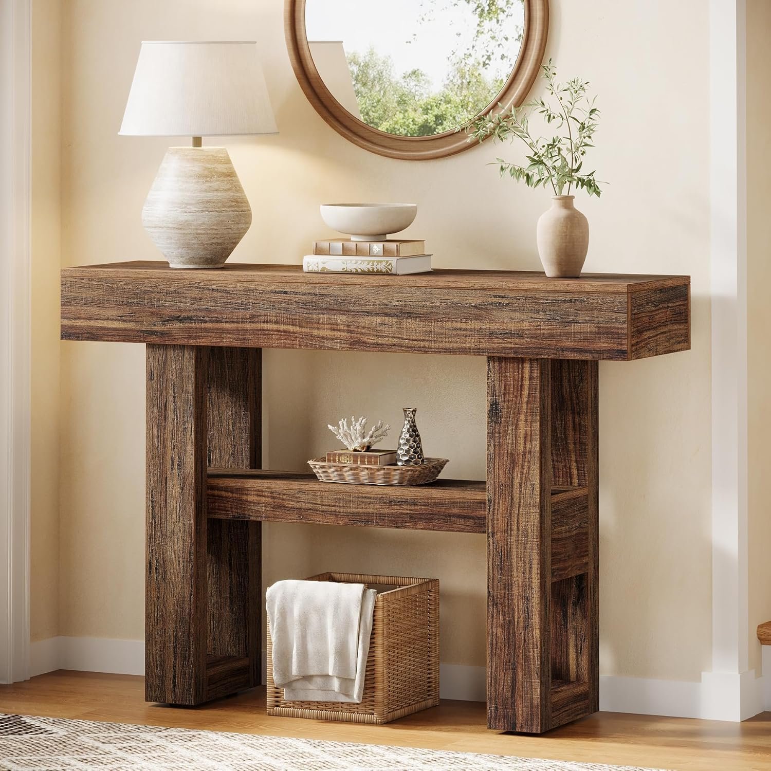 Tribesigns 41.34″ Farmhouse Console Table, Sofa Table Behind The Couch | 2-Tier Narrow Entryway Furniture with Storage Shelves for Hallway Foyer Living Room, Easy Assembly, Rustic Brown