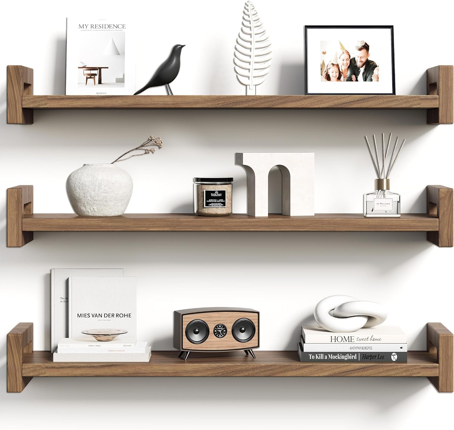 Solid Wood Floating Shelf, 23.6″ Wall Shelf for Room, Rustic Walnut, 3 Pack | Natural Pine Wood Shelf on Wall, Rustic Walnut Finish, Reinforced Hardware for Mounting, Ideal for Display and Storage