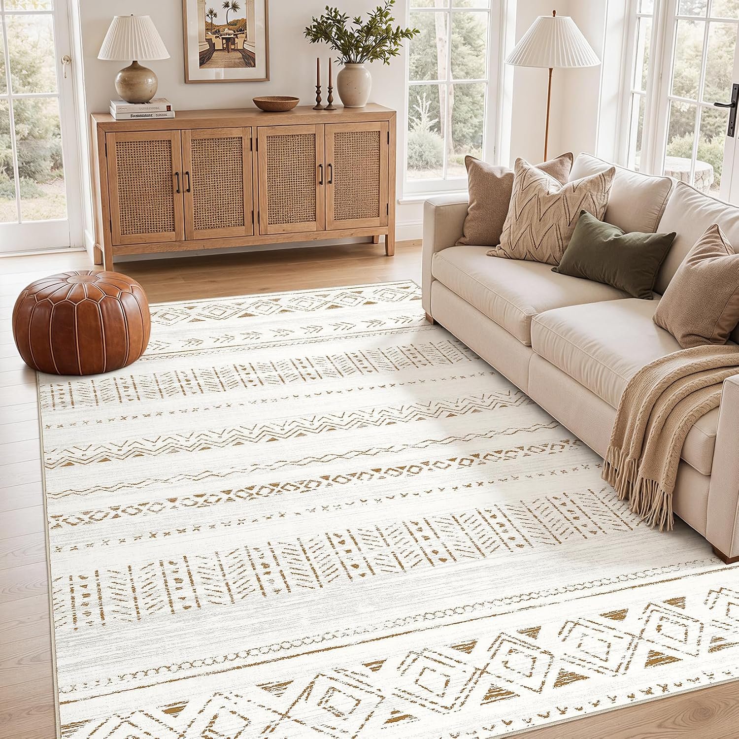 cotiled 6×9 Area Rugs for Living Room: Boho Washable Rug for Dining Room | Solve Modern Neutral Trendy Home Decor – Stain Resistan Carpet for Bedroom Nursery Brown Cream