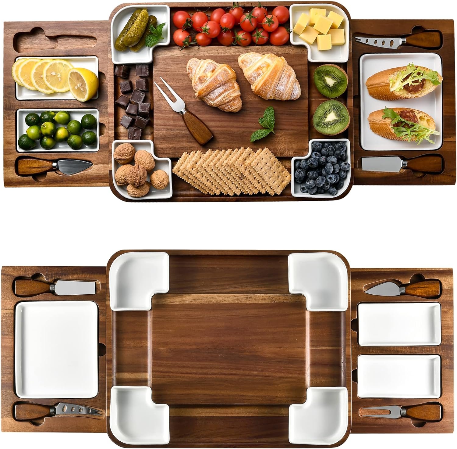 Upgraded Acacia Cheese Board Set, Square Shaped Charcuterie Set, Cheese Platter, Handcrafted Design and Stainless Steel Cutlery Set – Gift for Any Occasion No Engraving