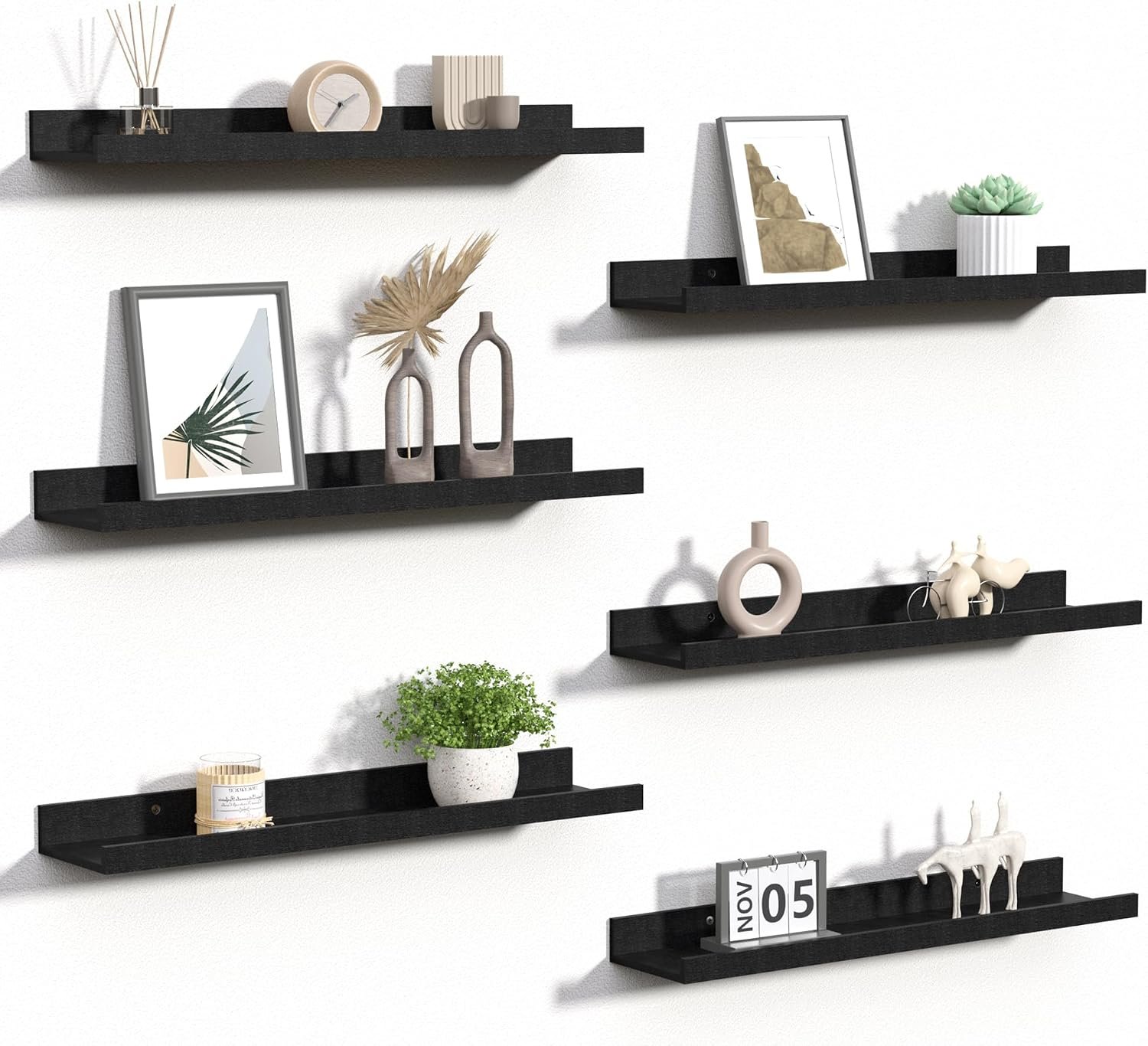 upsimples Floating Shelves for Wall Decor and Storage, Black, 6Pcs 23.6” | Wall Mounted Wood Shelves for Living Room, Bedroom, Bathroom, Kitchen, Office, Nursery Room, Coffee Bar Display and Organize