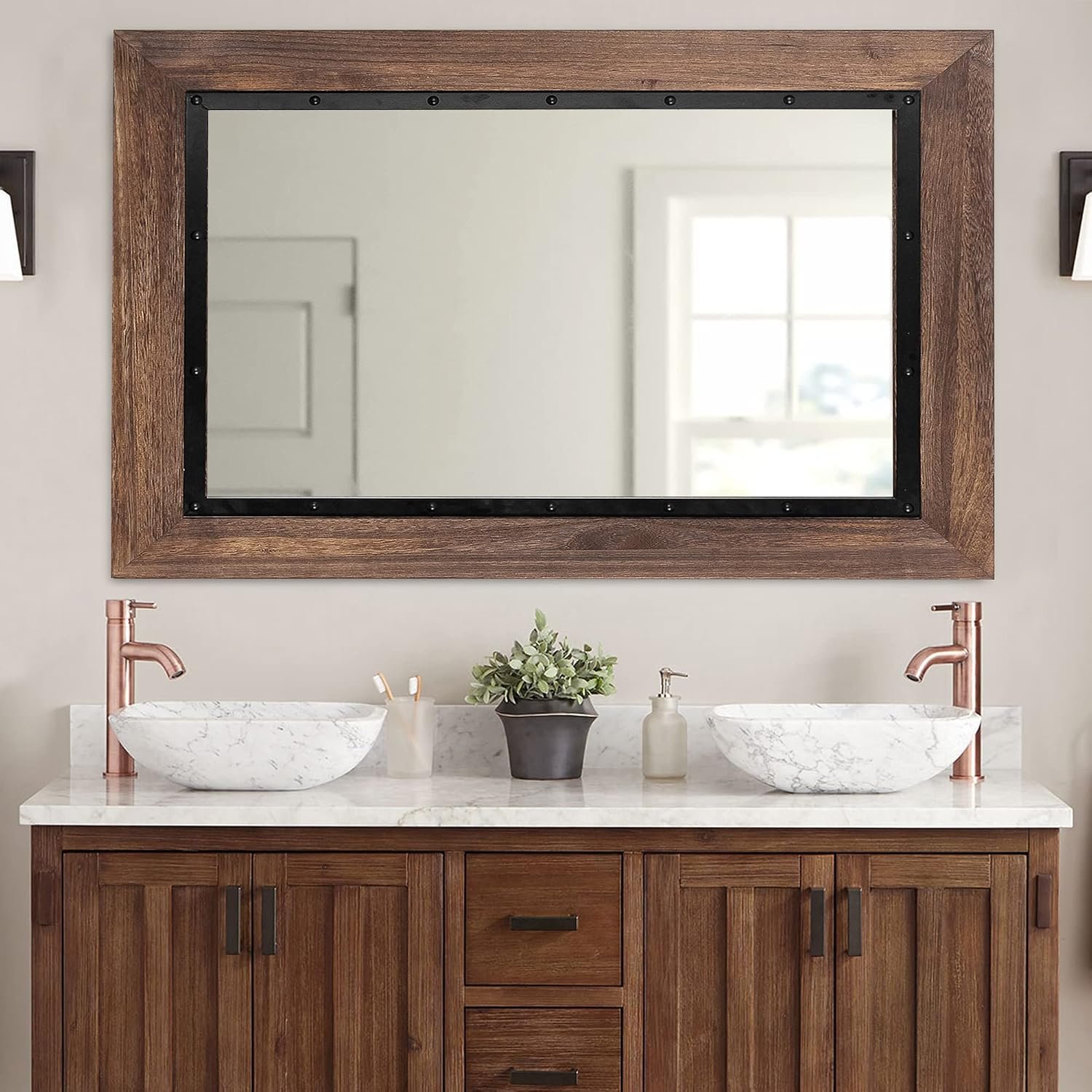 Rustic Wooden Framed Wall Mirror, Natural Wood and Iron Bathroom Vanity Mirror for Farmhouse Decor, Vertical or Horizontal Hanging