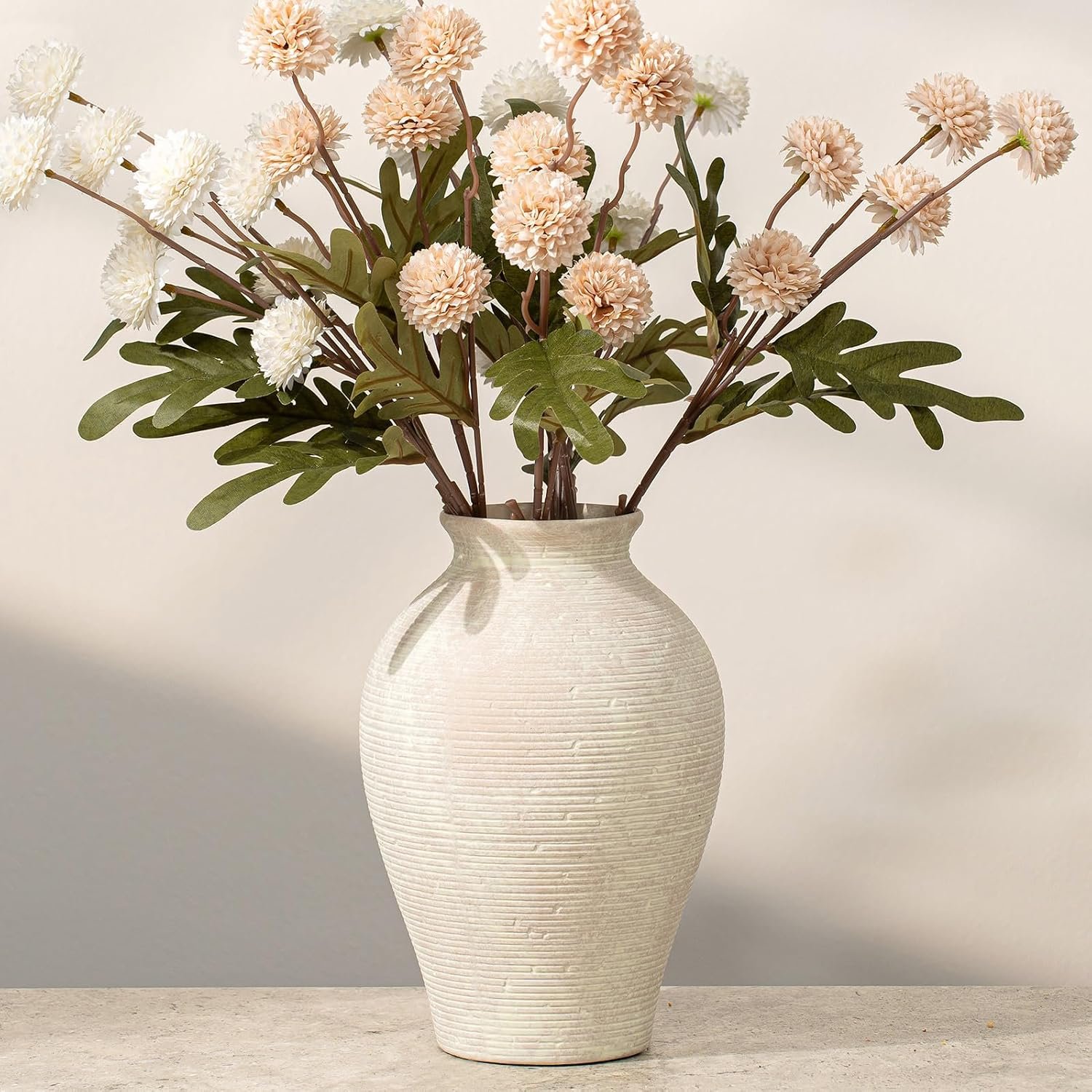 9.06 Inch Tall Vintage Ceramic Flower Vase, Rustic Farmhouse Vase for Home Decor, Distressed Decorative Terracotta Vase for Table Centerpiece Living Room Bathroom Bedroom (Off White-9.06”)