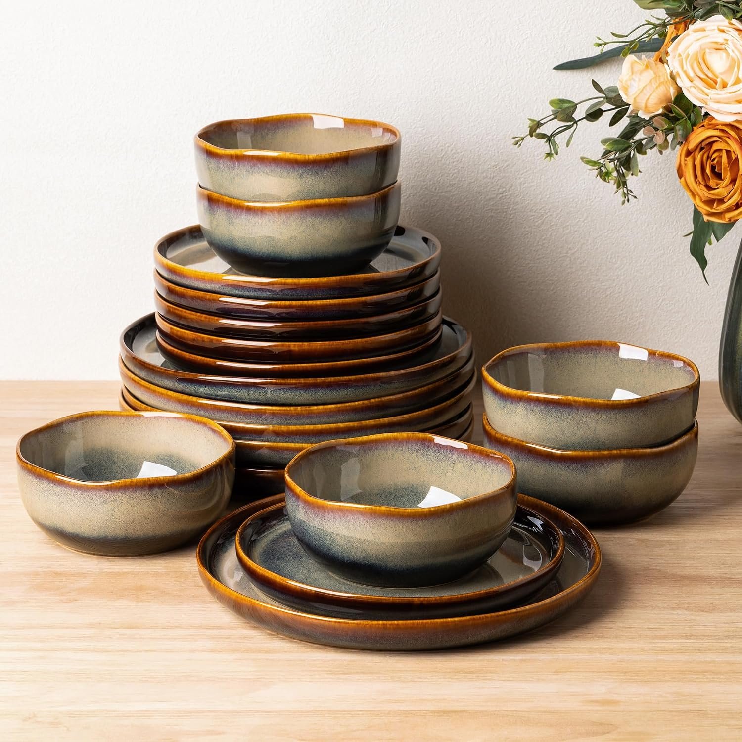 Ceramic Dinnerware Set for 6, 18-Piece Plates and Bowls Set | Handmade Reactive Glaze Dish Set, Scratch Resistant, Oven & Microwave & Dishwasher Safe, Coffee Bean